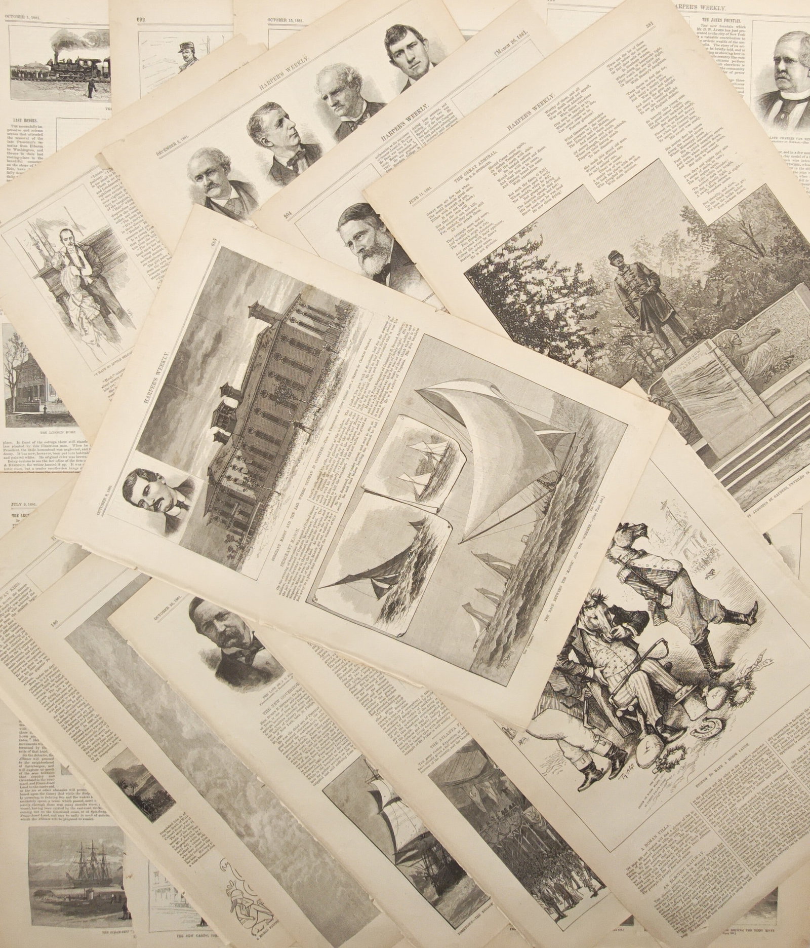 Harper's Weekly – Set of approx. 15: Maritime Regattas, Civil War Monuments – Wood Engravings: "Maritime Regattas, Civil War Monuments, and Nineteenth-Century Chronicles" presents a multifaceted nineteenth-century editorial collection featuring sailing yachts, public monuments, locomotive trans