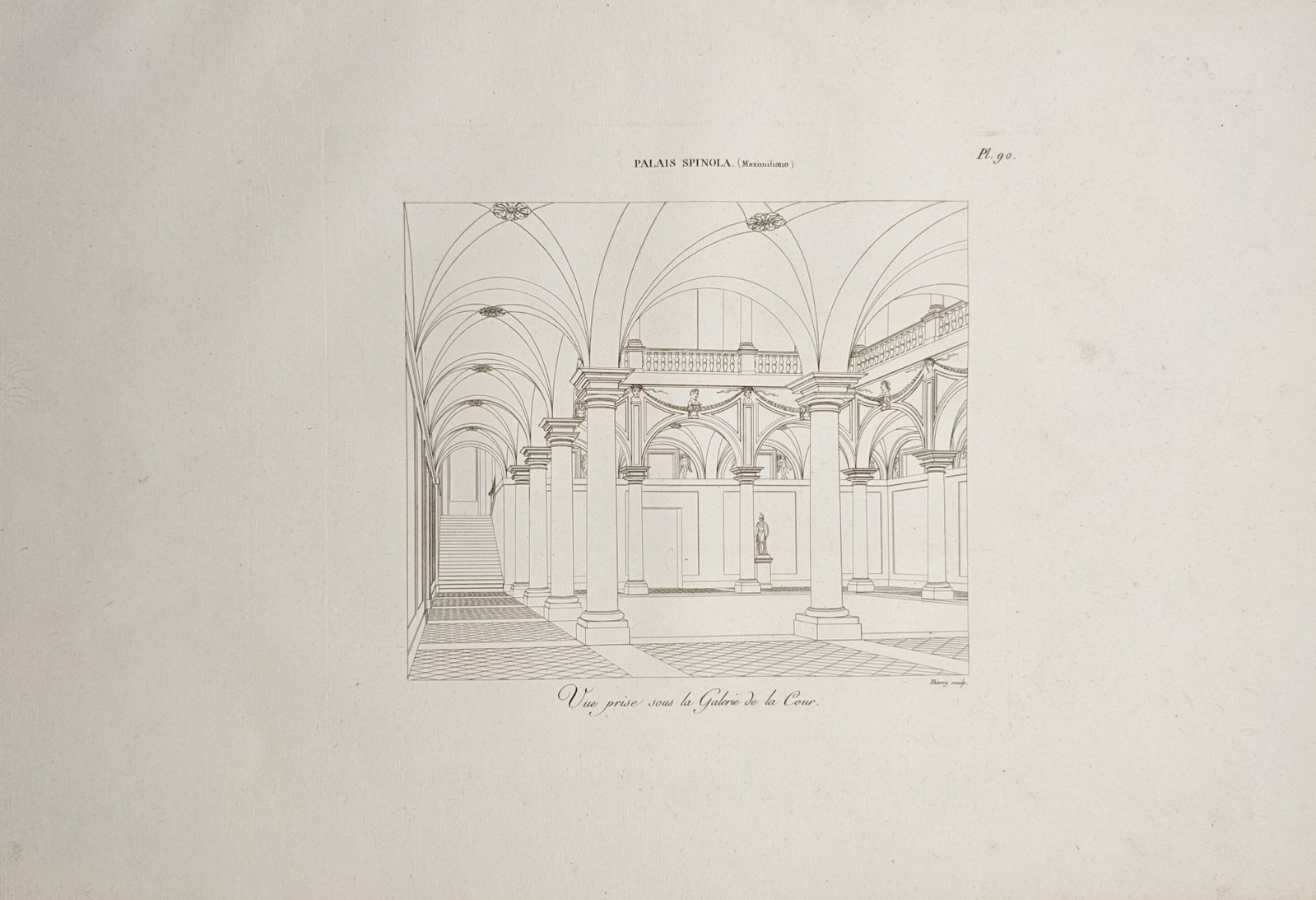 Étienne-Jules Thierry – Spinola Palace, View Under the Courtyard Gallery – Engraving (19th: "Spinola Palace, View Under the Courtyard Gallery" presents an architectural study illustrating a vaulted Renaissance peristyle, monumental columns, and an adjacent staircase within an Italian aristoc