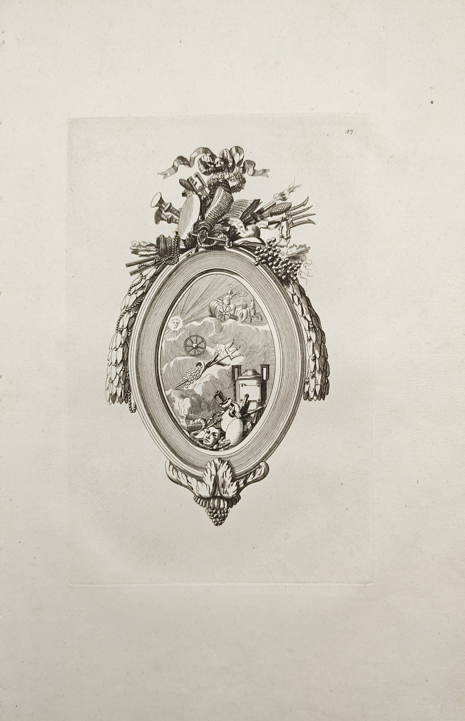 Jean-Charles Delafosse – Neoclassical Oval Medallion with Allegorical Trophy – Engraving: "Oval Medallion with Allegorical Trophies" presents an elaborate neoclassical ornamental cartouche encircled by laurel garlands and surmounted by ribbons, scientific instruments, and military attribut