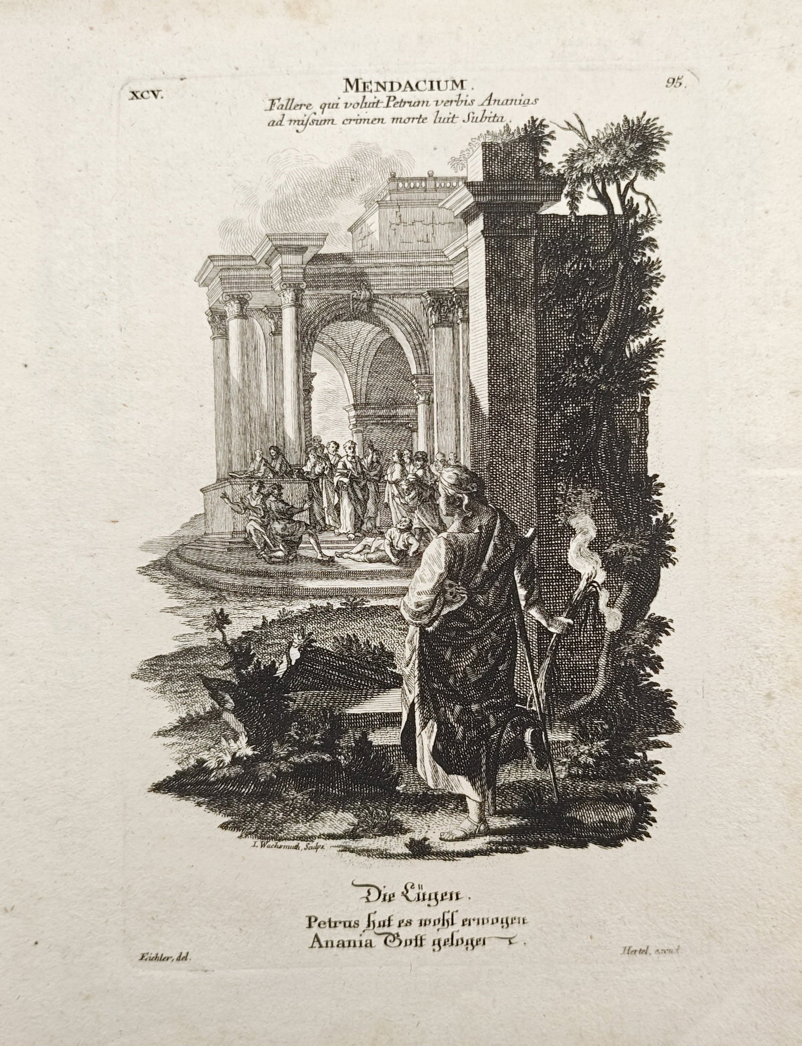 Johann Georg Hertel – The Lie and the Death of Ananias – Engraving (18th Century): "The Lie" presents an allegorical and biblical emblem illustrating the dramatic biblical episode of Ananias falling dead before Saint Peter set against a monumental classical triumphal arch. The engra