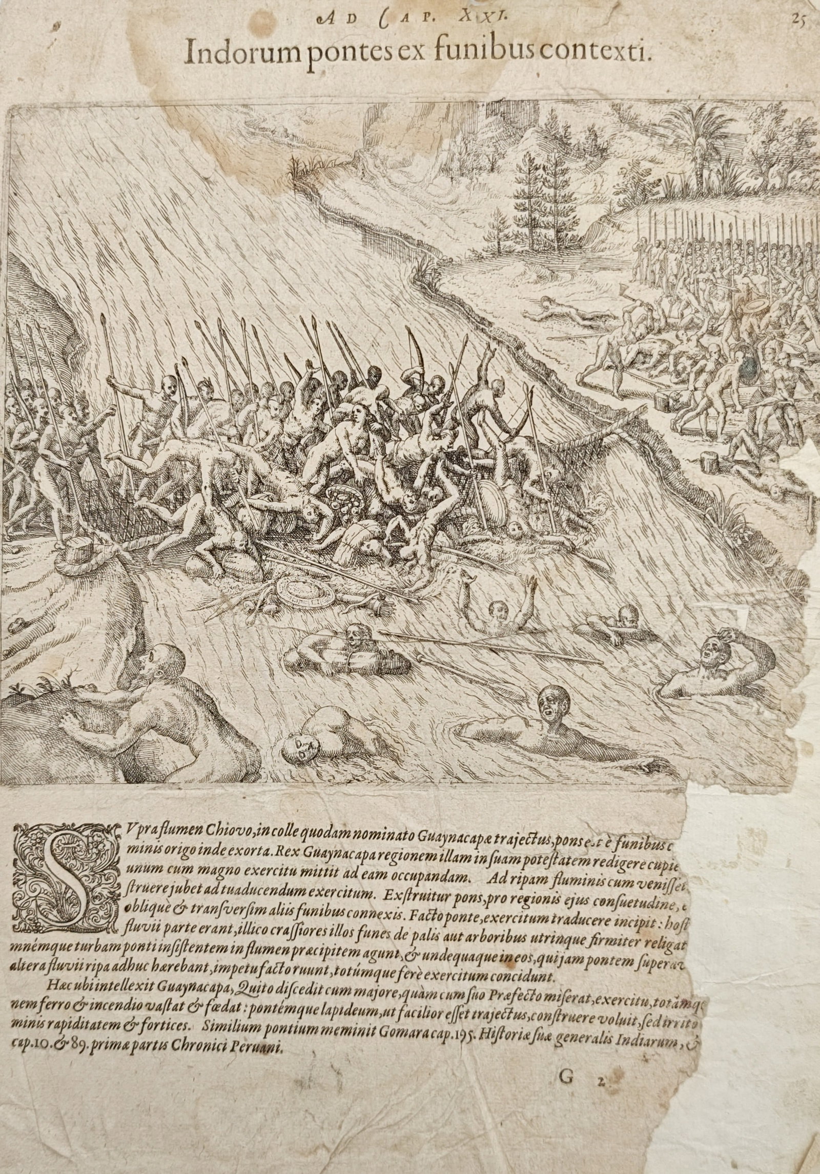 Theodor de Bry – Inca Rope Bridges and River Crossing Battle – Engraving (16th Century) (1 of 2)