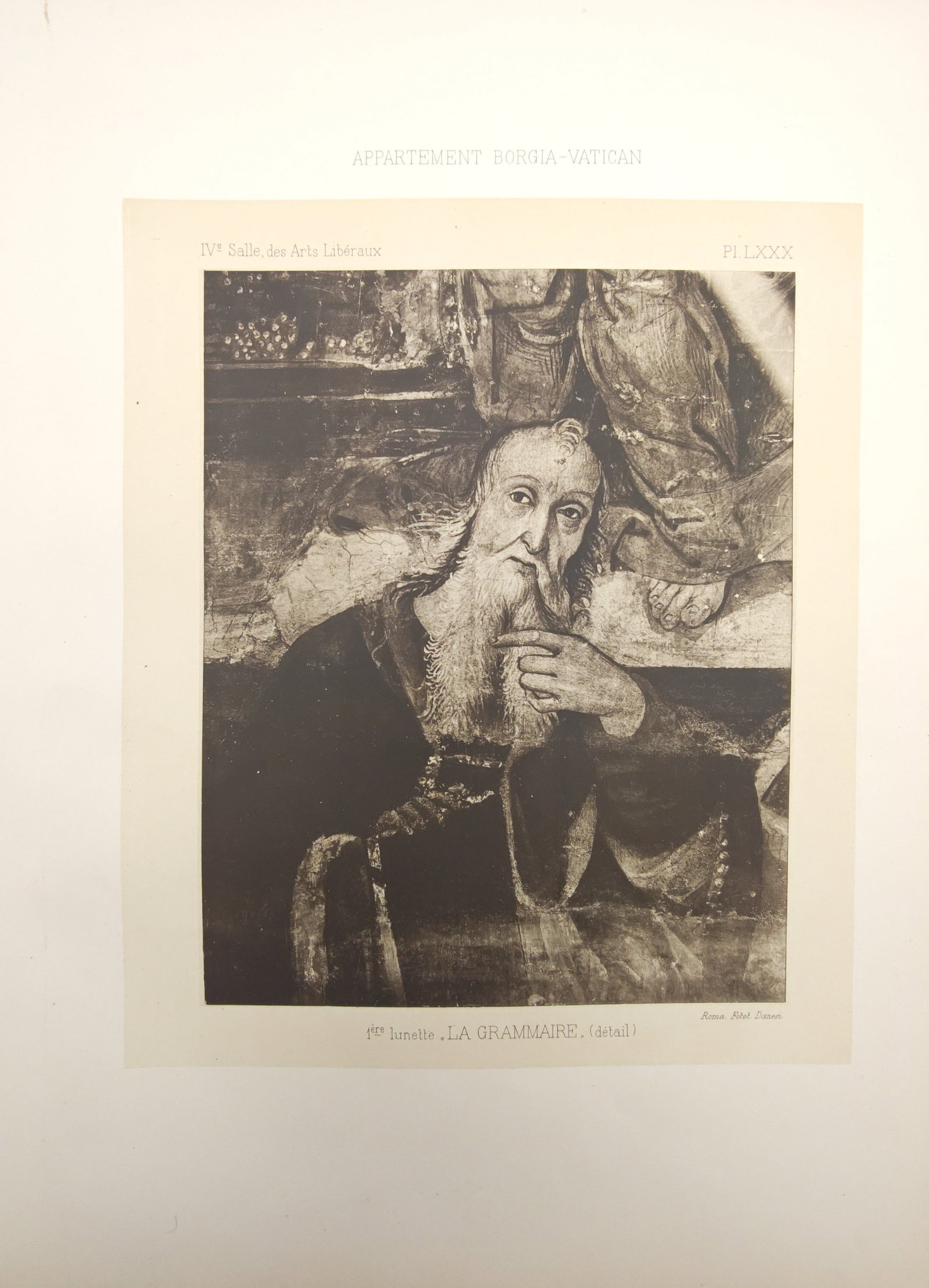 Pinturicchio, after – Grammar Detail from the Borgia Apartments – Photogravure (19th Century): "Grammar, Detail" presents an art historical study reproducing a detail from the Renaissance fresco cycle decorating the Room of the Liberal Arts within the Borgia Apartment of the Vatican Palace. The