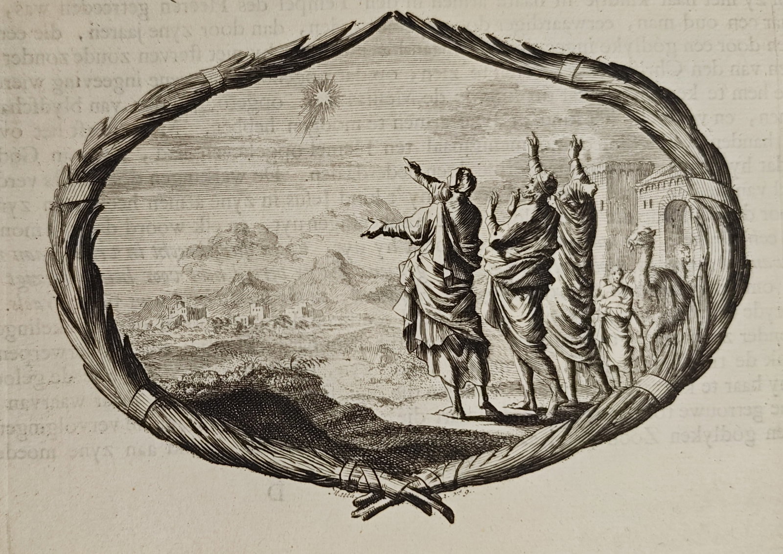 Jan Luyken – The Three Wise Men and the Star of Bethlehem within a Palm Cartouche – Etching: "The Star of Bethlehem" presents an emblematic biblical composition framed by an ornate palm branch cartouche, illustrating the Magi observing the radiant celestial star above a landscape with accompa