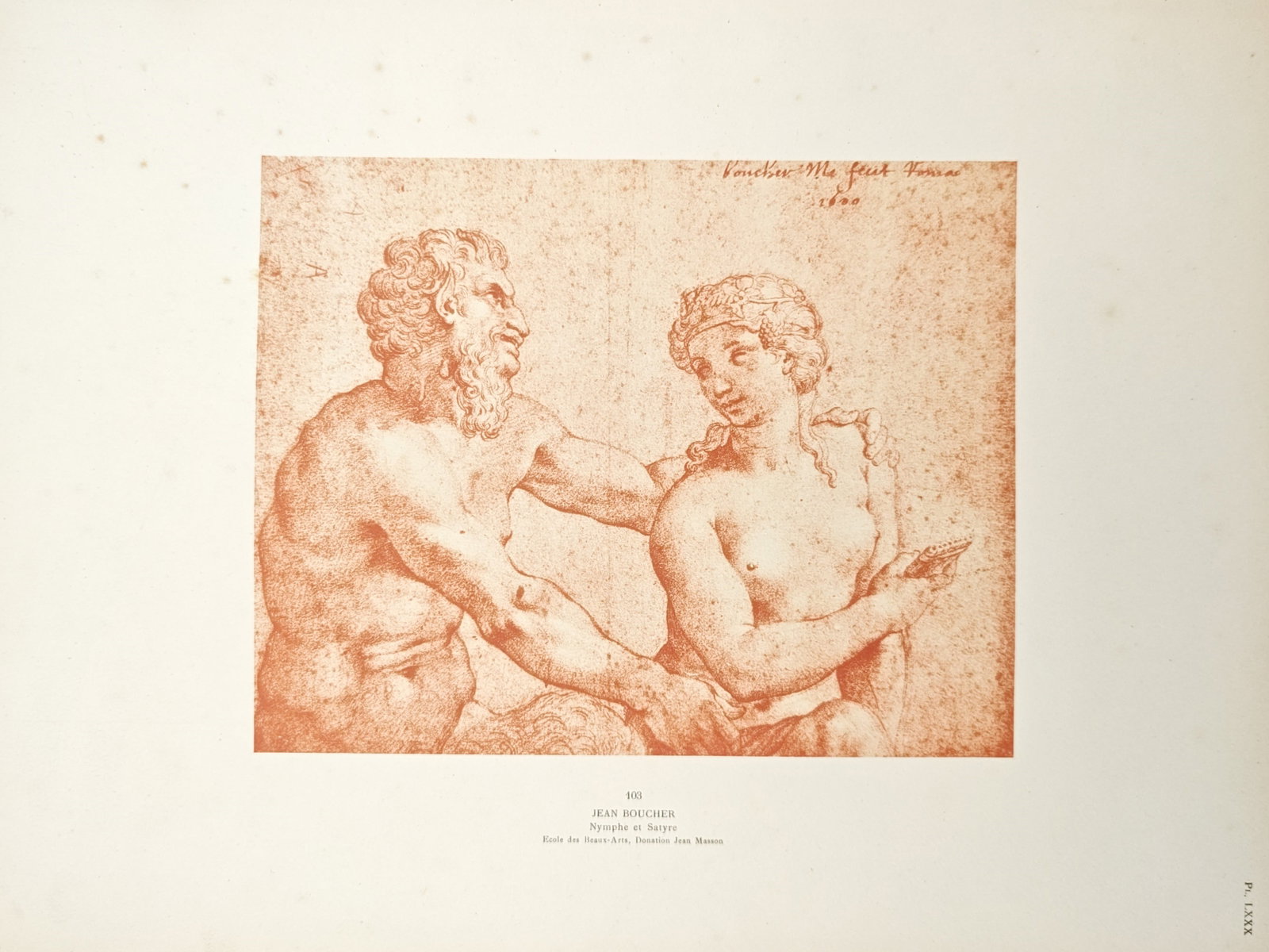 Jean Boucher – Nymph and Satyr – Photogravure (19th–20th Century): "Nymph and Satyr" presents a mythological figurative study illustrating a bearded satyr gesturing toward a seated nymph holding panpipes. The photogravure captures the warm red chalk tonality, sculptu