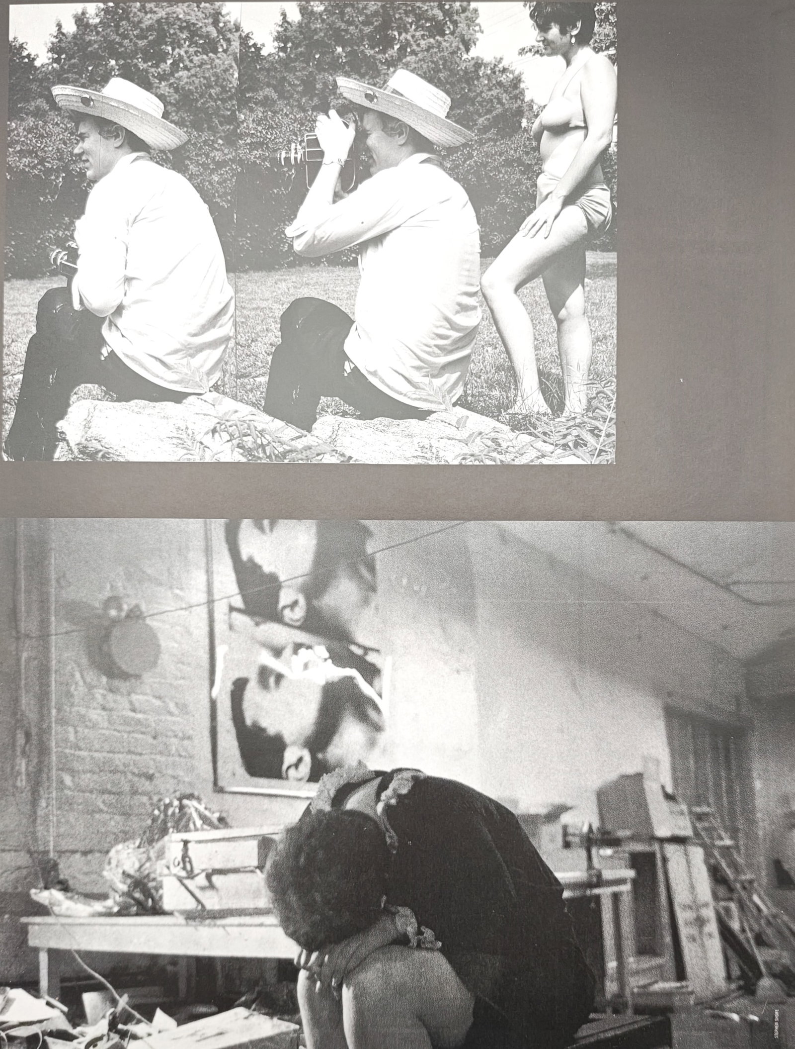 Andy Warhol,after – Factory Film Shoots and Studio Interior – Offset lithographic reproduction: "Factory Film Shoots and Studio Interior" presents a documentary photographic composition illustrating the artist operating a motion picture camera outdoors alongside an introspective scene inside the