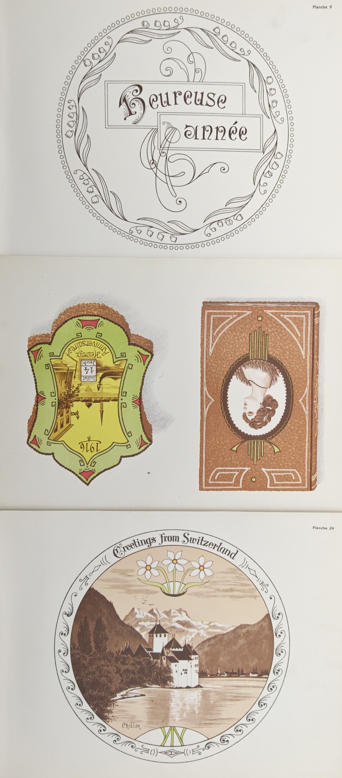 Thérèse de Dillmont – Set of 3: New Year Medallion, Swiss Alpine View, and Trace Patterns: "Happy New Year and Decorative Souvenir Designs" presents ornamental needlework patterns featuring a floral New Year cartouche, an alpine lake medallion, and bookplate-style transfer shapes. Rendered 