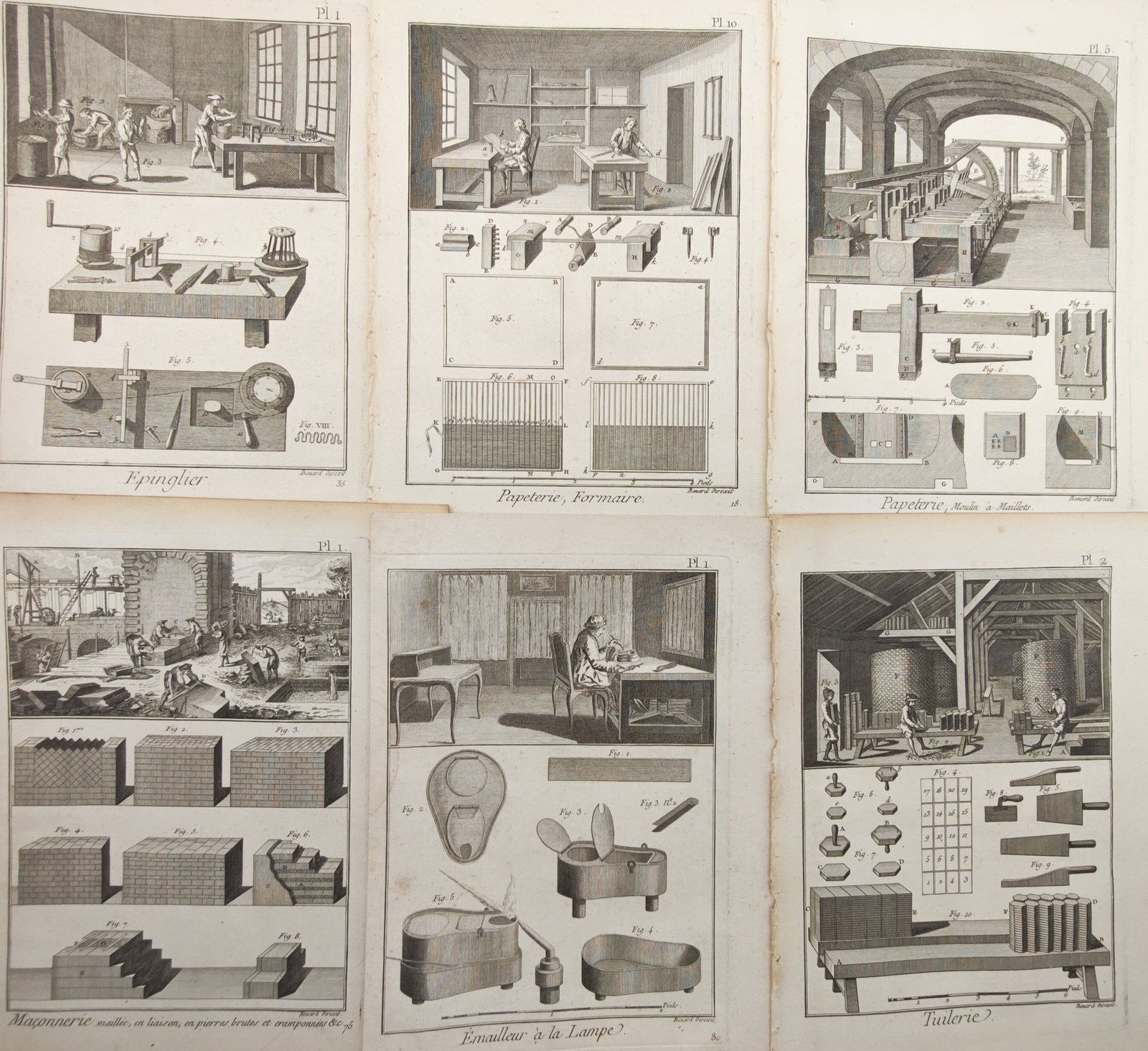 Robert Bénard – Set of 6: Industrial Arts, Trades, and Manufacturing Technology – Engravings: "Trades and Mechanical Arts" presents an encyclopedic survey of eighteenth-century craftsmanship and industrial technology, illustrating specialized workshops, mechanical apparatus, and procedural dia