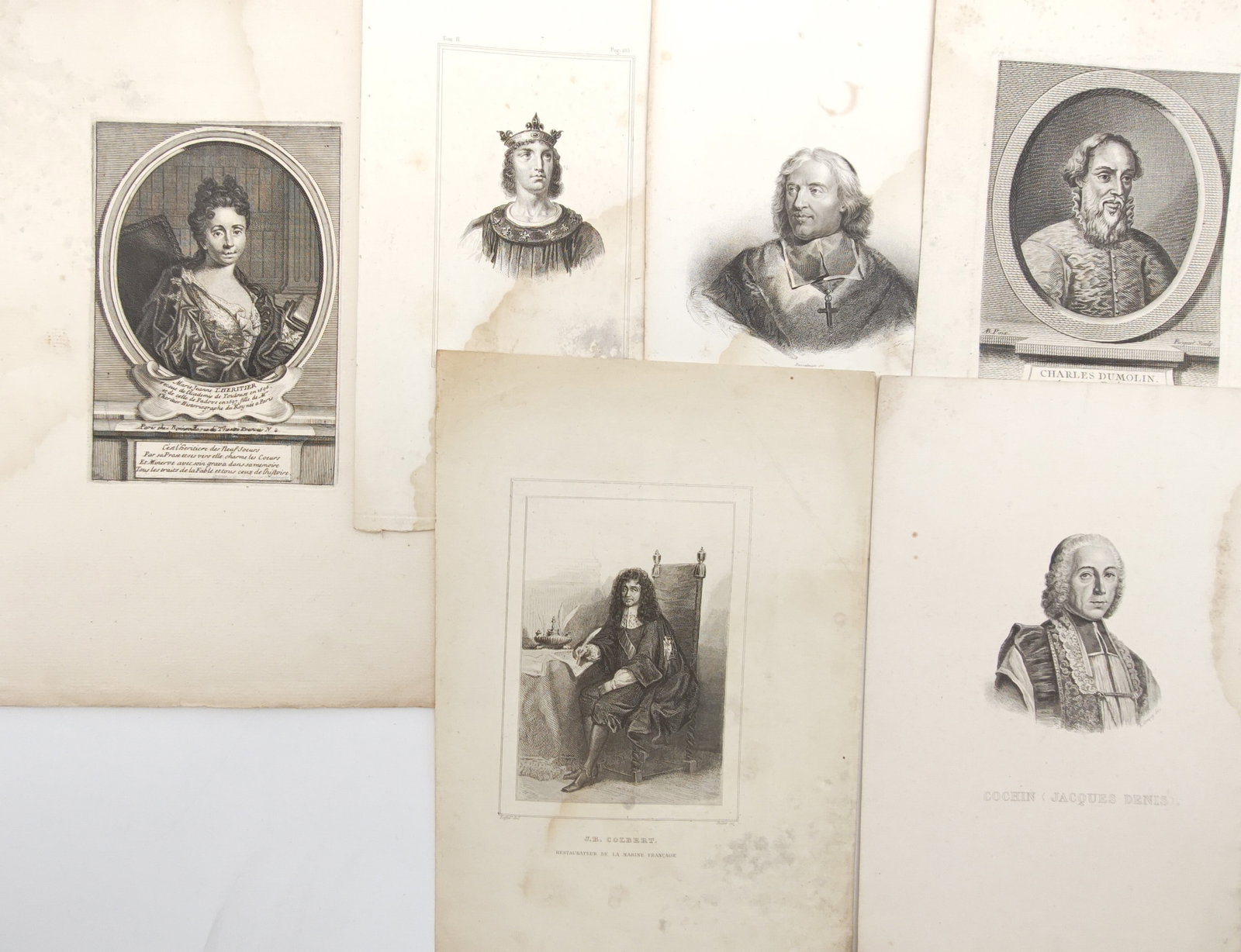 Different Authors – Set of 6: Historical European Portraits of Royalty, Clergy – Engravings: "Historical European Portraits" presents a distinguished collection of portrait plates depicting prominent French and European historical figures, including monarchs, noblewomen, jurists, and clergyme