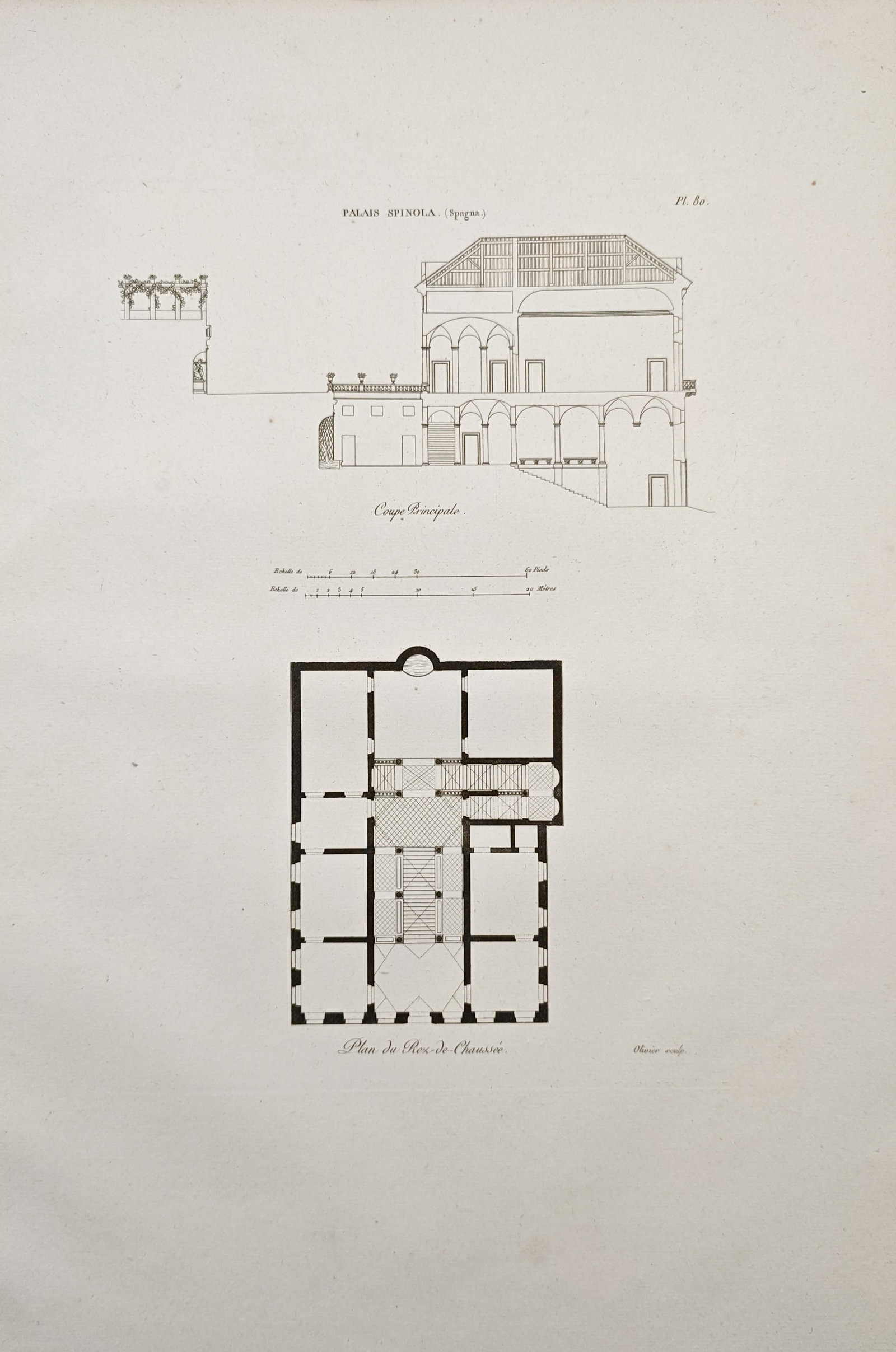 Martin-Pierre Gauthier – Architectural Section and Ground Floor Plan in Genoa – Engraving (1 of 2)