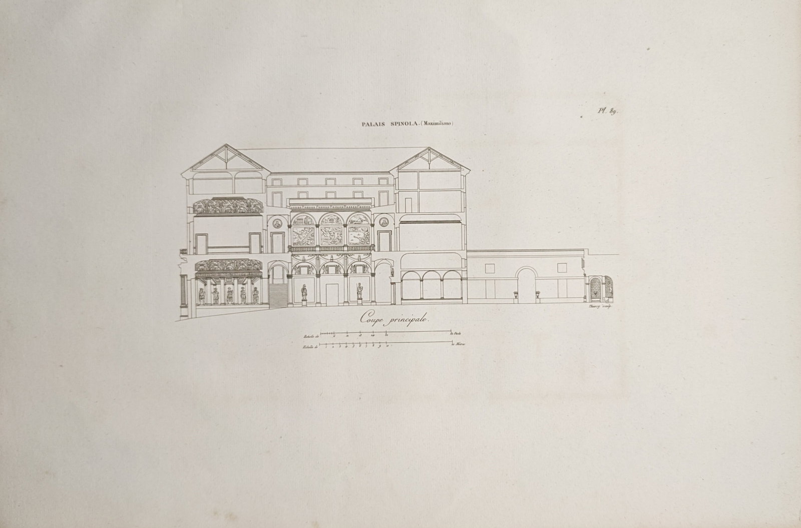 Étienne-Jules Thierry– Architectural Cross-Section of Palazzo Spinola in Genoa – Engraving: "Palazzo Spinola, Genoa: Main Cross-Section" presents a comprehensive architectural elevation illustrating the multi-tiered interior galleries, arcades, and structural cross-section of the historic Ge