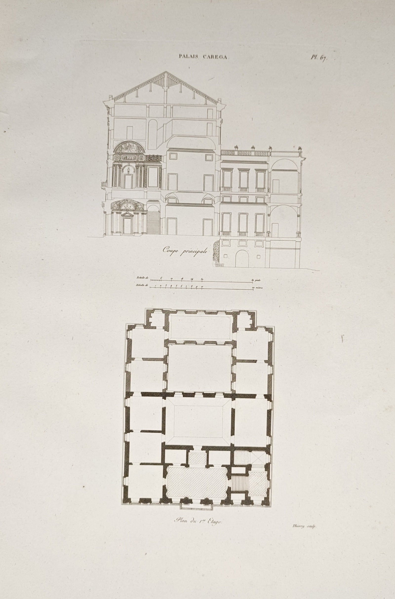 Étienne-Jules Thierry – Architectural Main Cross-Section and First Floor Plan – Engraving (1 of 2)