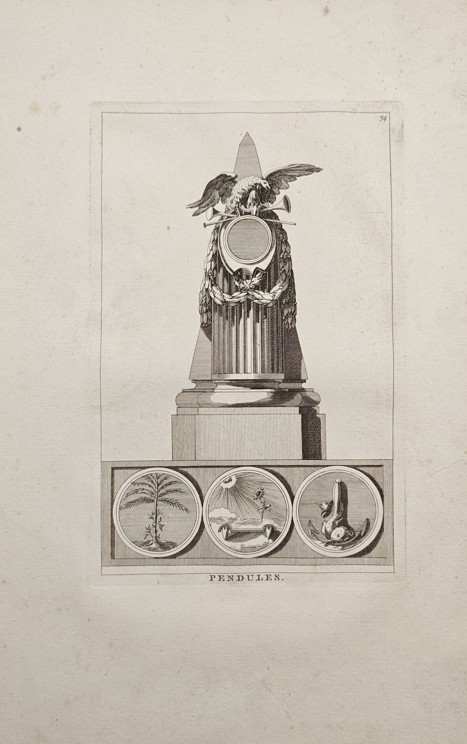 Jean-Charles Delafosse – Neoclassical Monumental Mantel Clock Design – Engraving (18th Century): "Clocks" presents a monumental decorative design for a neoclassical mantel clock surmounted by an obelisk, trumpets, laurel garlands, and an eagle, set above three allegorical circular medallions. The