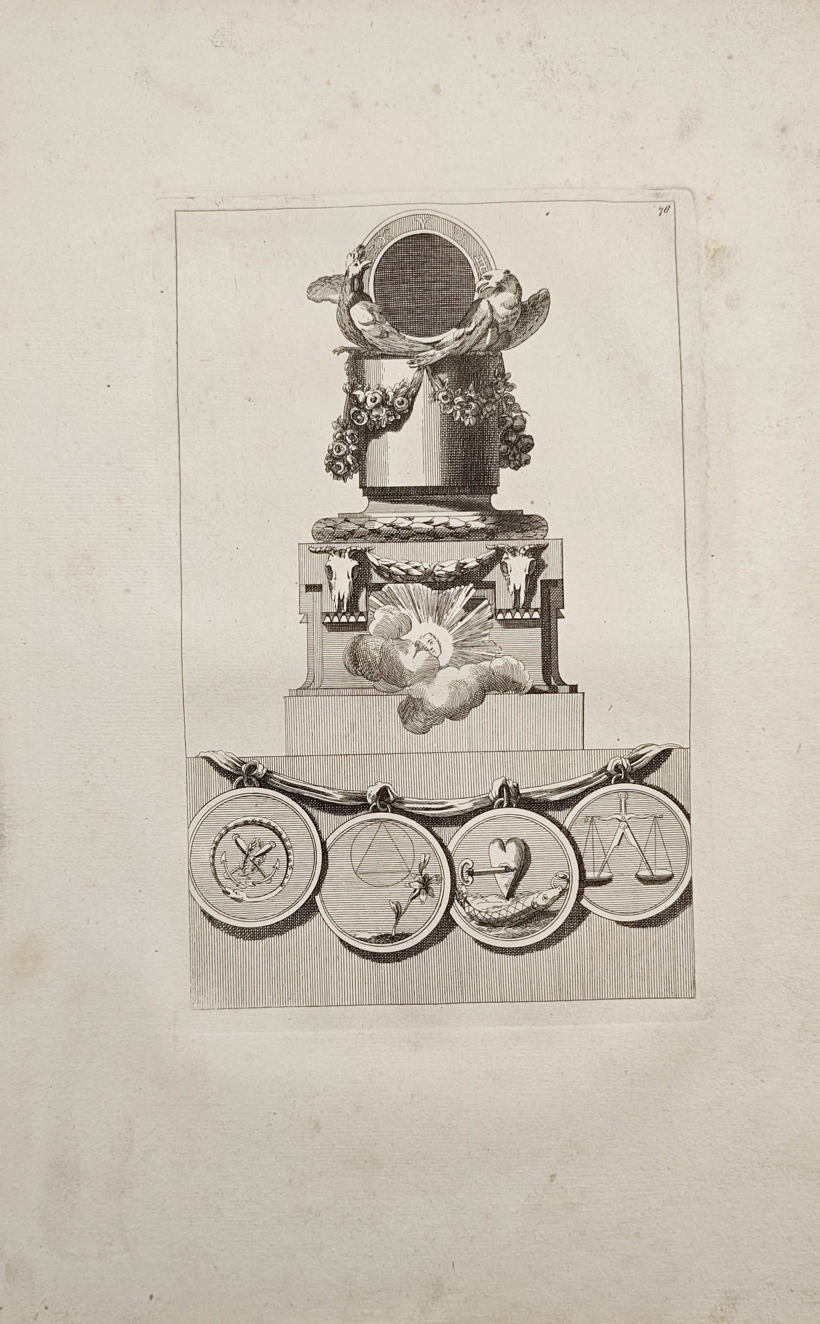 Jean-Charles Delafosse – Neoclassical Architectural Mantel Clock Design with Emblems – Engraving: "Design for a Neoclassical Mantel Clock with Emblems of Virtue" presents an elaborate decorative study illustrating a monumental timepiece adorned with classical swags, radiant cloud motifs, and symbo