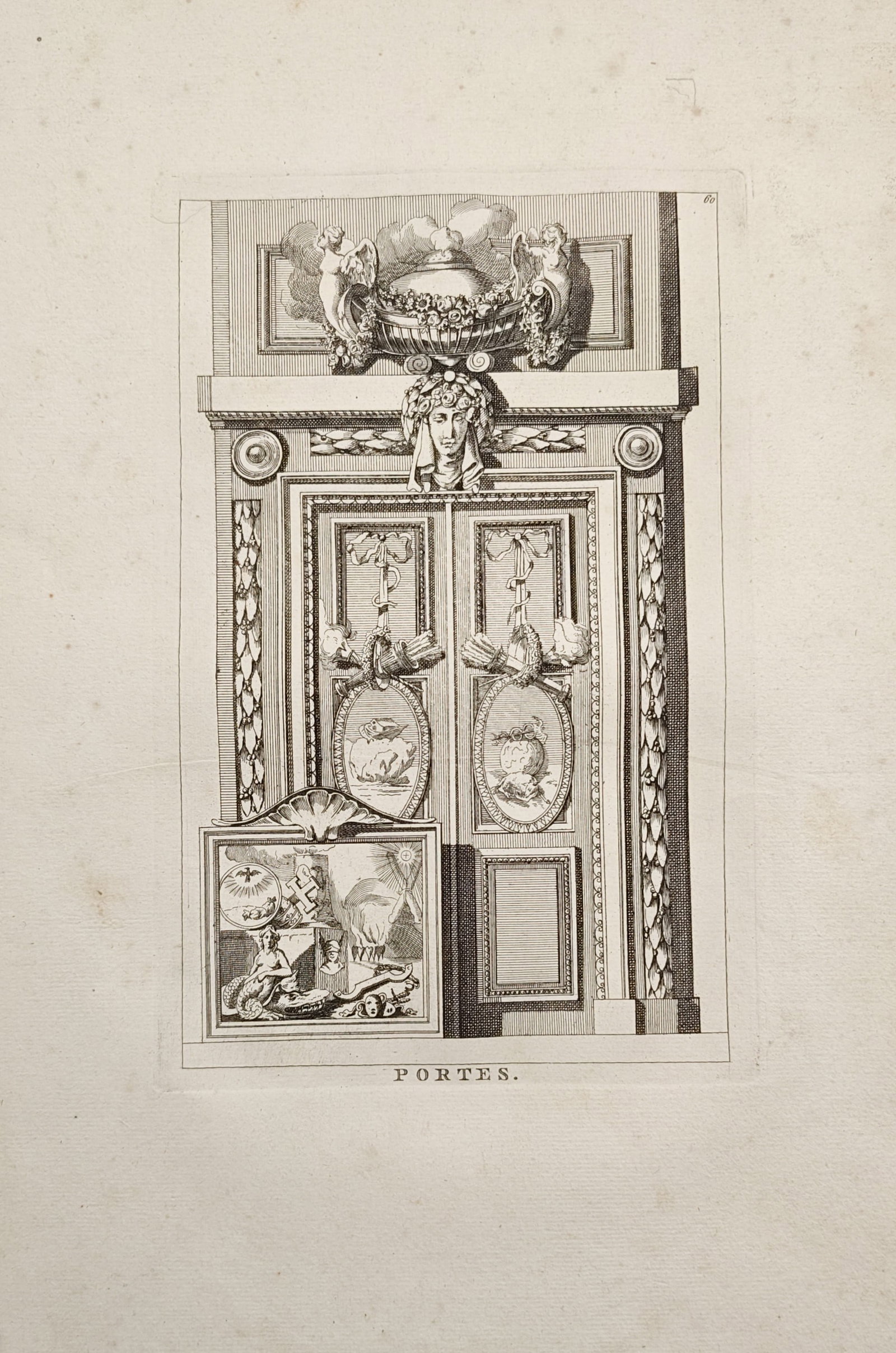 Jean-Charles Delafosse – Neoclassical Architectural Doorway and Portal Design – Engraving: "Doors" presents an ornate decorative study illustrating a neoclassical architectural portal flanked by classical moldings, a sculpted mascaron keystone, and an elaborate overdoor urn flanked by winge