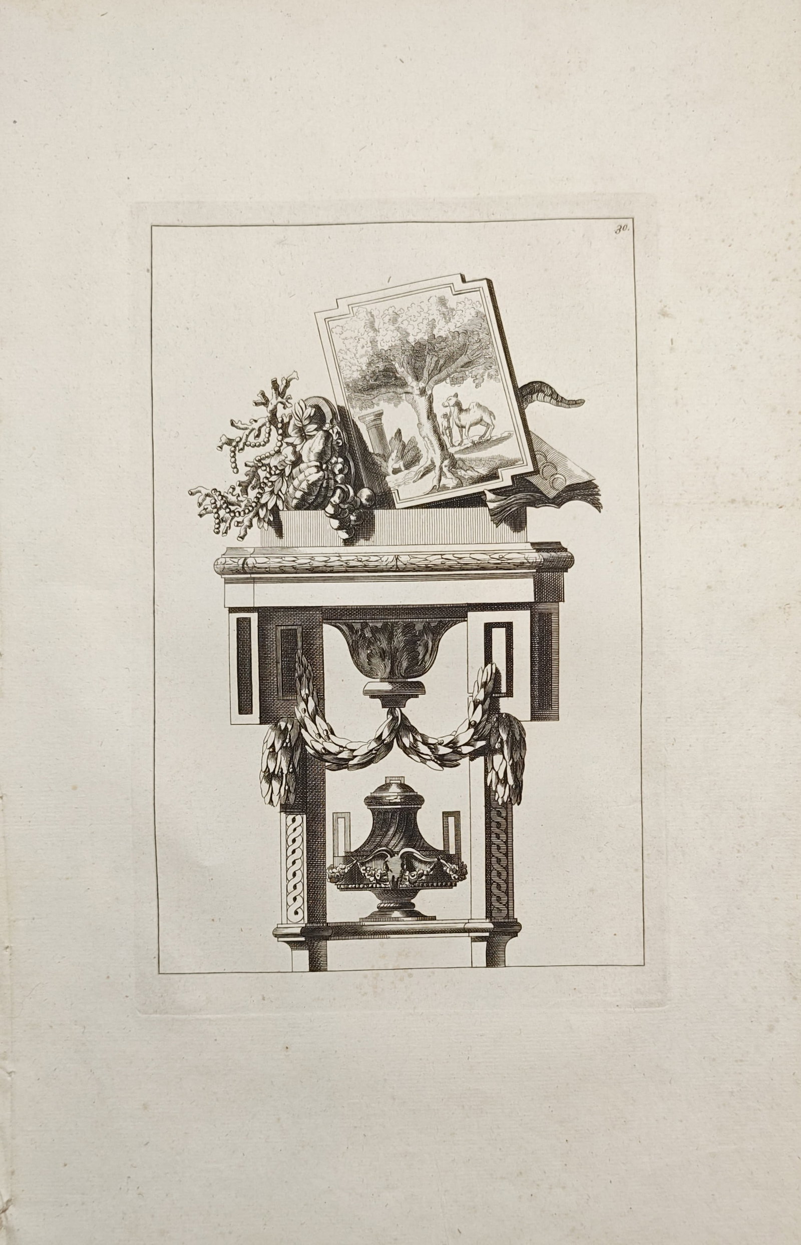 Jean-Charles Delafosse – Neoclassical Console Pedestal Design with Classical Urns – Engraving: "Design for a Neoclassical Pedestal with Classical Urns" presents an intricate decorative study illustrating an architectural console table adorned with sculpted antique vases, hanging laurel garlands