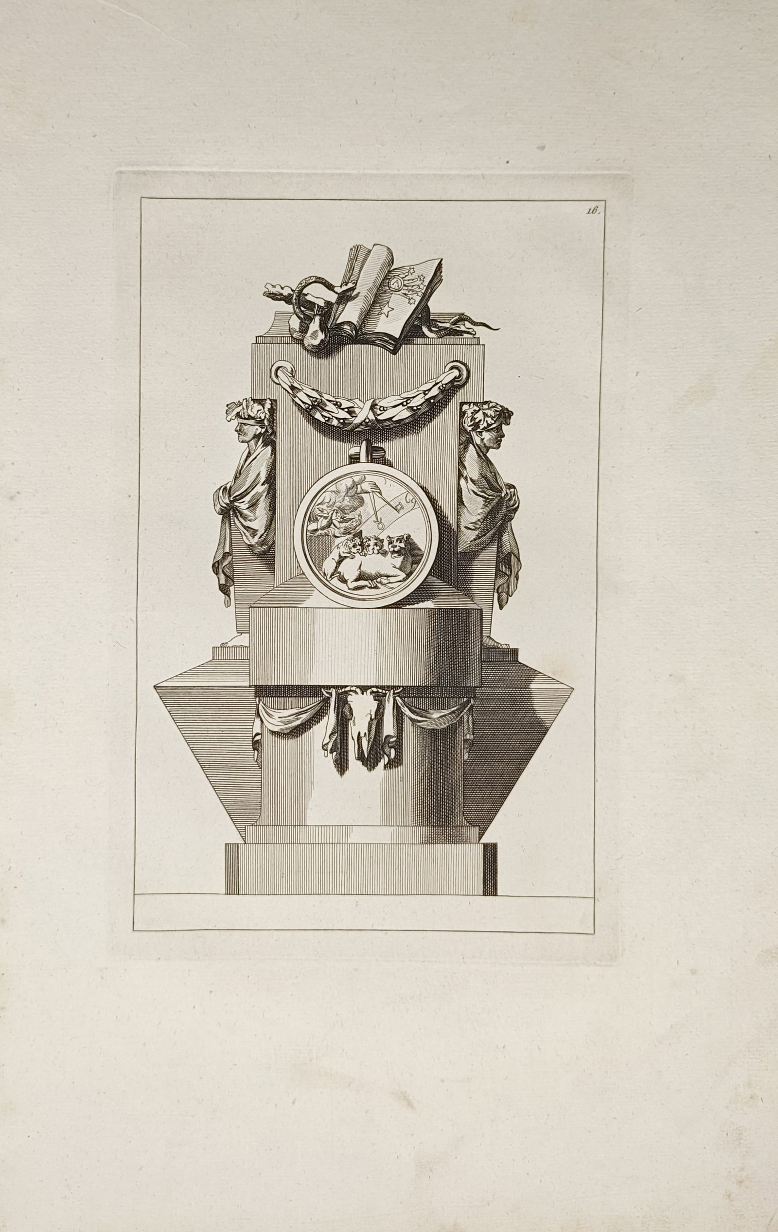 Jean-Charles Delafosse – Neoclassical Monumental Pedestal and Cenotaph Design – Engraving: "Design for a Neoclassical Monumental Cenotaph with Allegorical Trophies" presents an architectural study illustrating a tiered funerary pedestal adorned with sculpted herms, hanging swags, an open vo