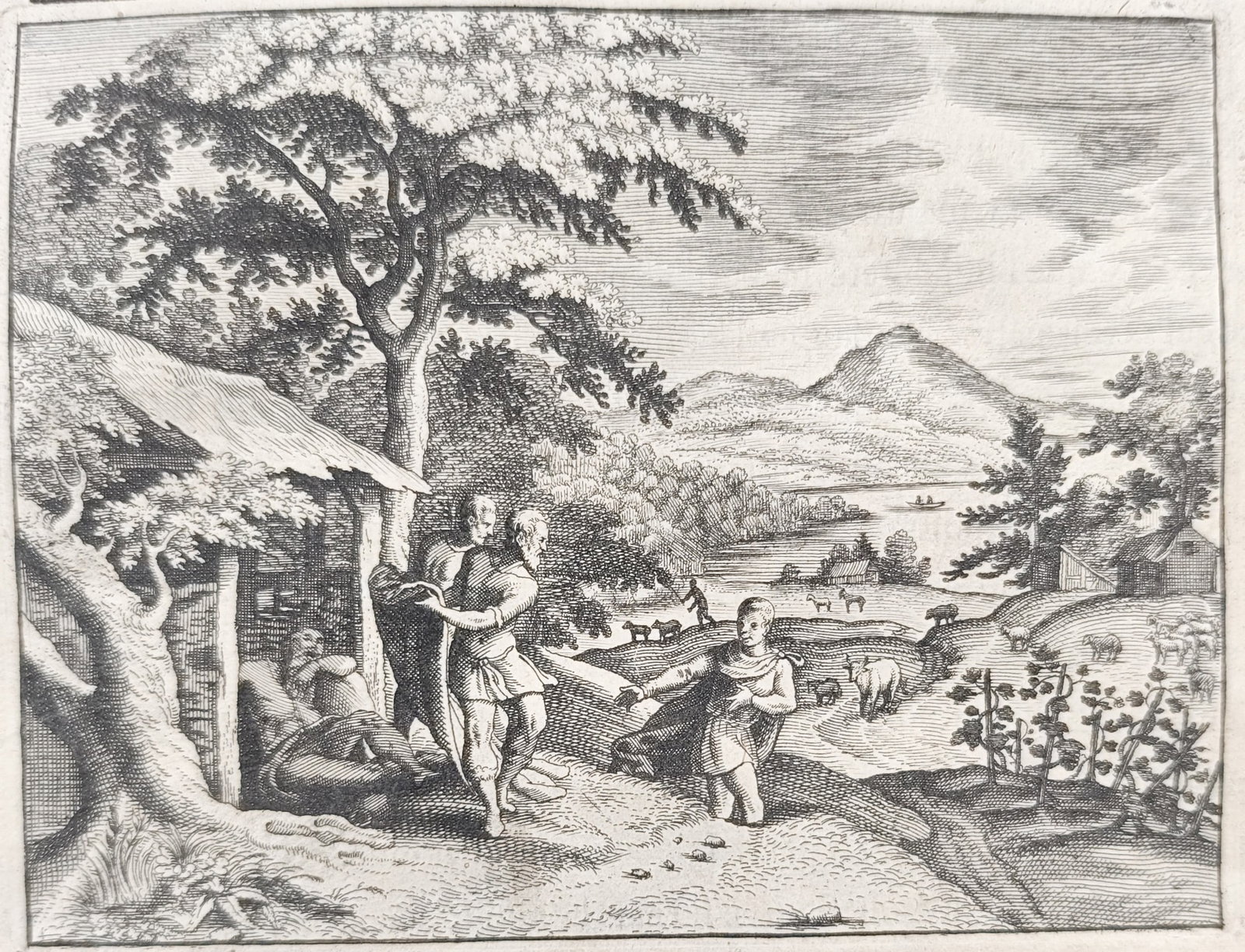 Nicolas Fontaine – Ham Cursed by His Father – Engraving (17th Century): "Ham Cursed by His Father" presents a narrative biblical scene illustrating the Old Testament account of Noah, Shem, Japheth, and Ham set before an expansive pastoral landscape with a rustic shelter a