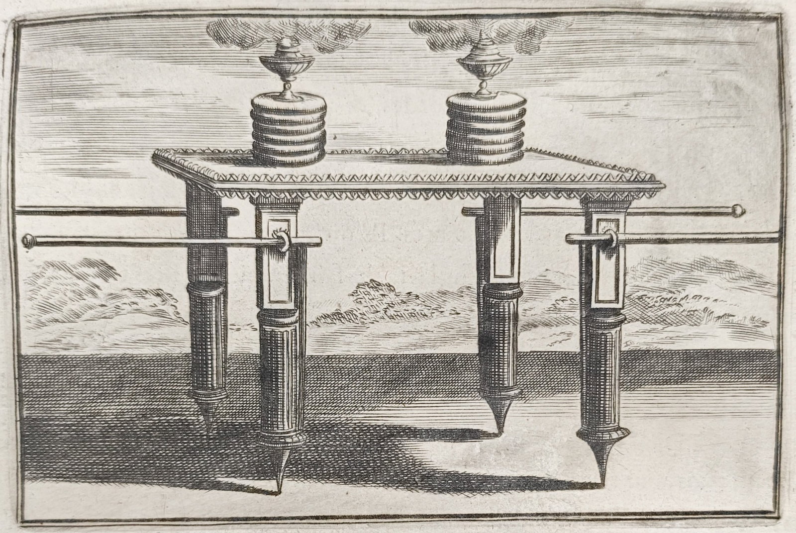 Nicolas Fontaine – The Table of Showbread in the Tabernacle – Engraving (17th Century): "Bread of Proposition" presents an architectural and liturgical study illustrating the sacred golden Table of Showbread with its carrying poles, stacks of consecrated unleavened loaves, and smoking in