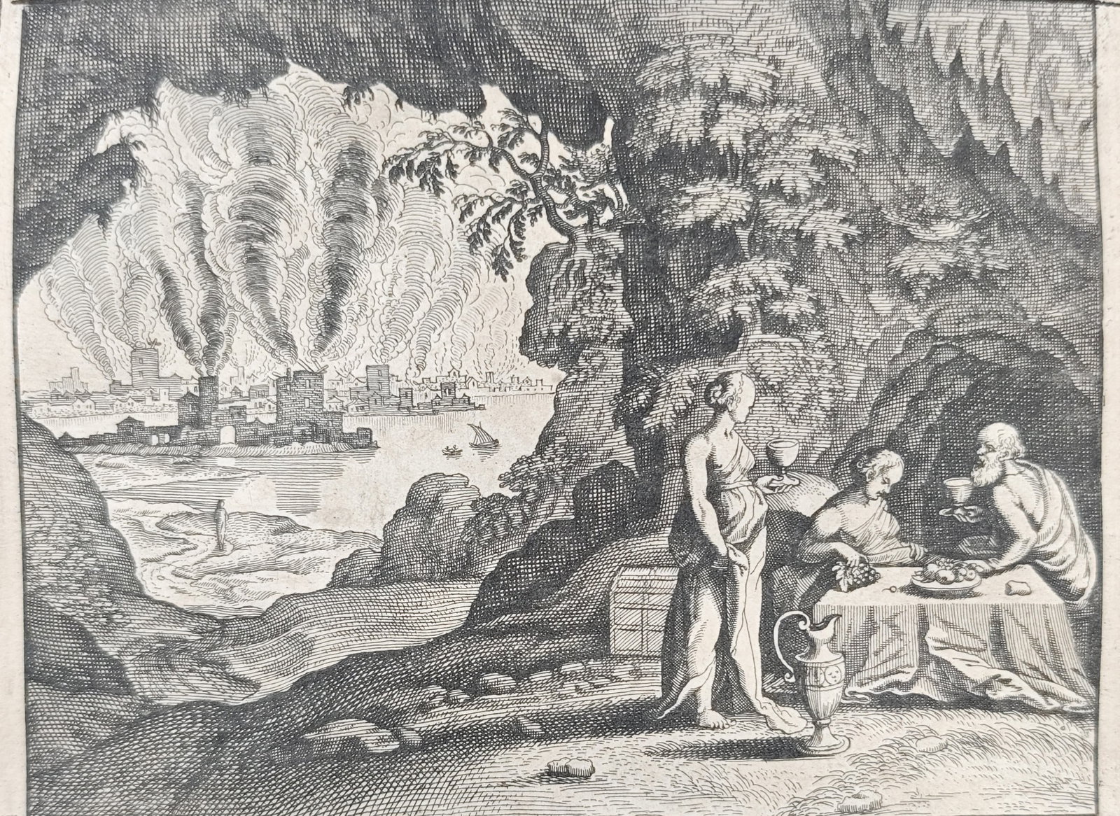 Nicolas Fontaine – The Burning of Sodom and Lot with His Daughters – Engraving (17th Century): "Sodom Burned" presents a dramatic biblical narrative scene illustrating the Old Testament destruction of Sodom by fire and brimstone alongside Lot and his daughters sheltering within a rocky cave. Th