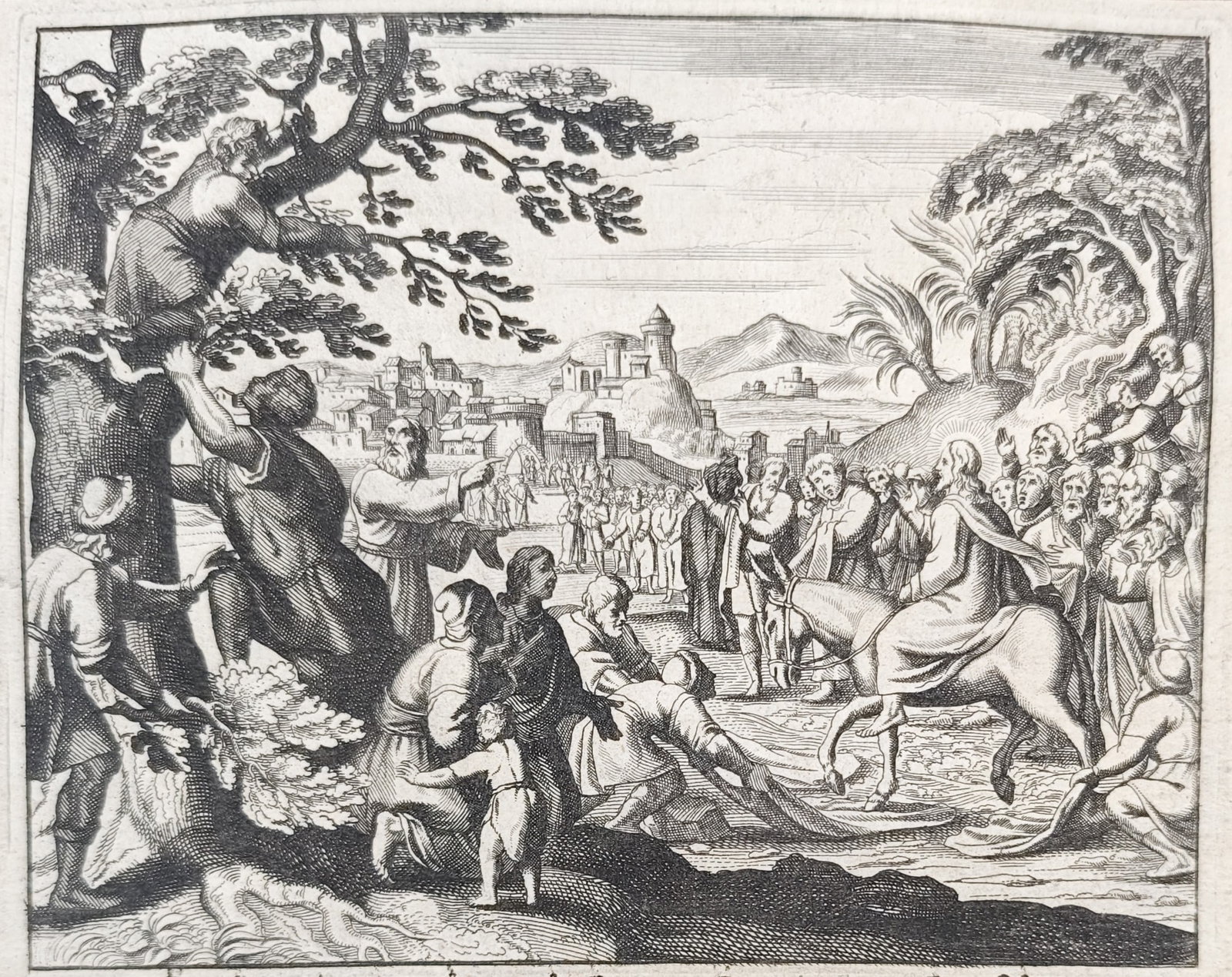 Nicolas Fontaine – The Triumphal Entry of Jesus Christ into Jerusalem – Engraving (17th Century): "Triumph of Jesus Christ" presents a narrative biblical scene illustrating the New Testament account of Christ entering Jerusalem on a donkey amidst cheering crowds laying down cloaks and palm branche