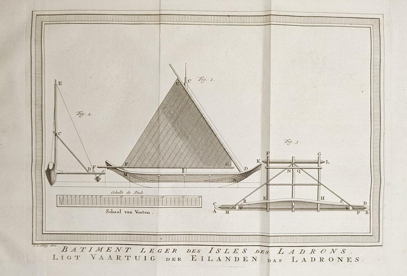 Jakob van der Schley – Proa Boat of the Ladrone Islands – Engraving (18th Century): "Light Vessel of the Ladrone Islands" presents a technical maritime and ethnographic study illustrating the rigging, triangular sail, hull profile, and outrigger construction of a Micronesian flying p
