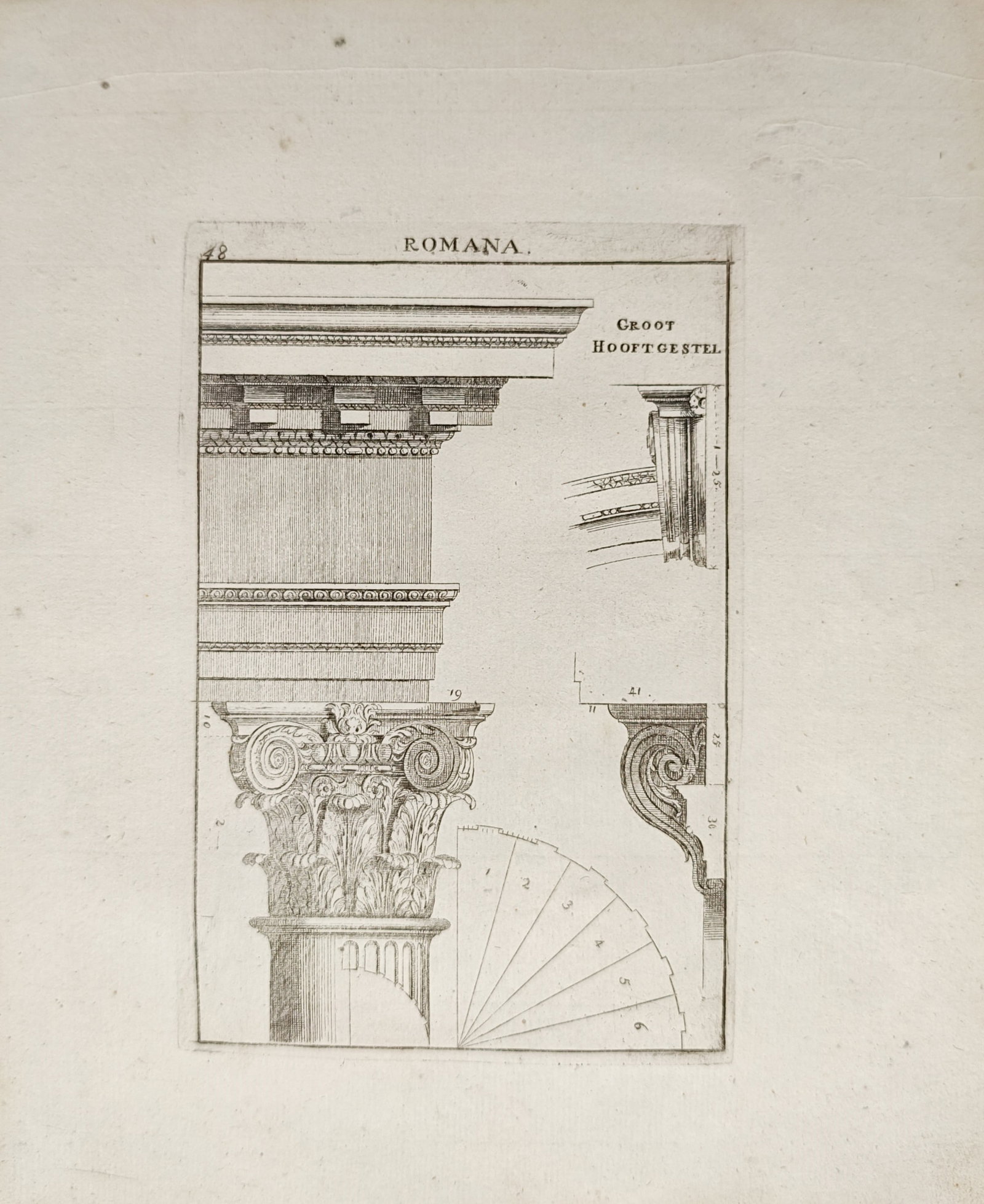 Sébastien Le Clerc – Roman Composite Capital and Entablature – Engraving (18th Century): "Roman" presents an architectural design study illustrating the detailed ornamentation, acanthus leaf capital, fluted shaft, and entablature moldings of the Roman Composite order. The composition emph