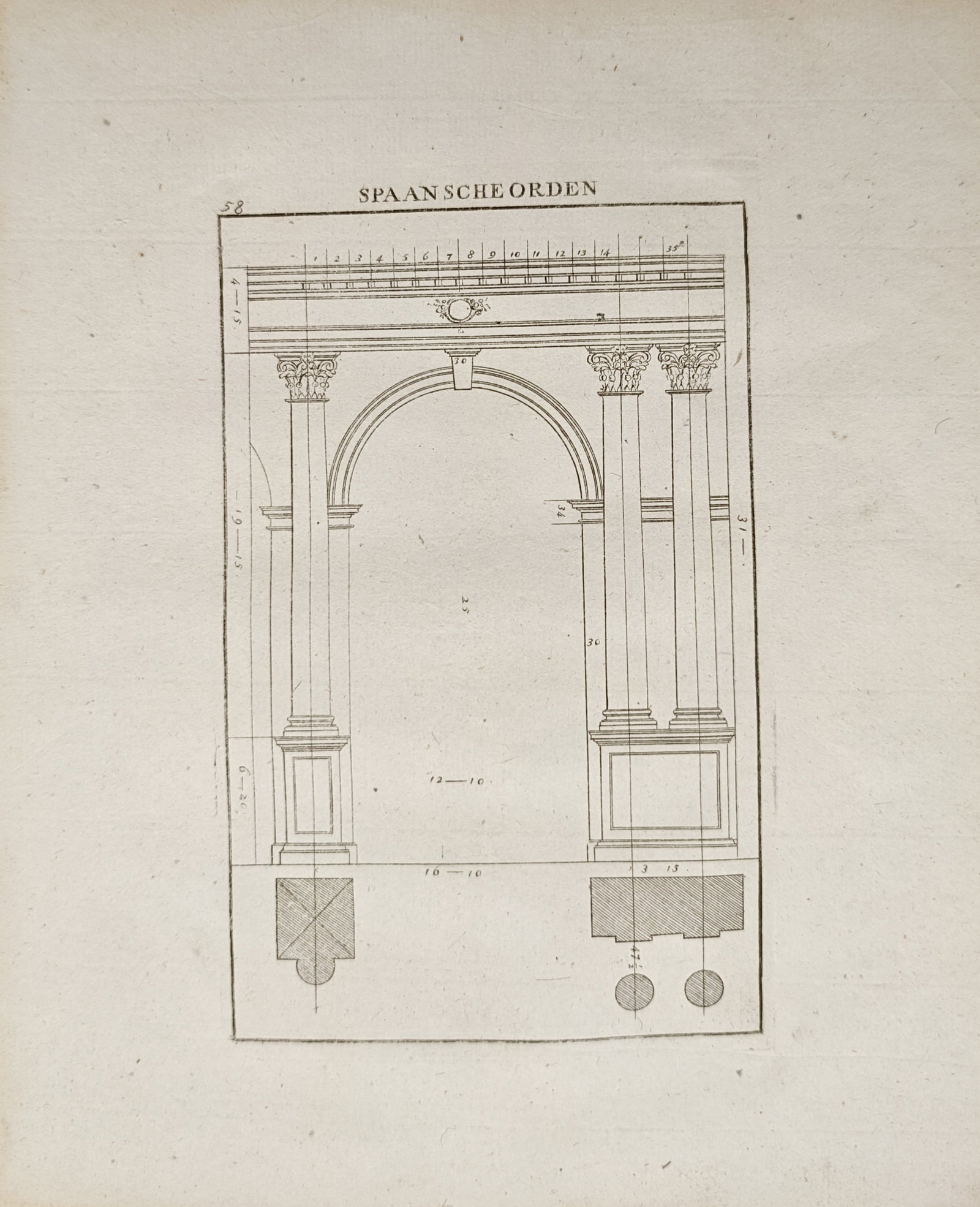 Sébastien Le Clerc – Spanish Order Archway and Columns – Engraving (18th Century): "Spanish Order" presents an architectural design study illustrating a classical arched entryway supported by paired columns, complete with modular dimensioning and structural cross-sections. The compo