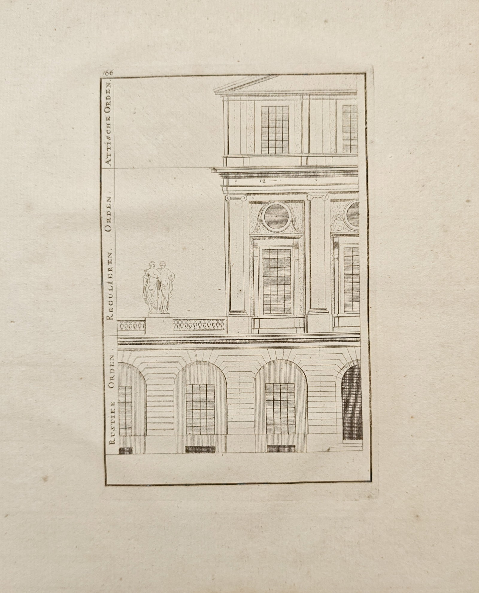 Sébastien Le Clerc – Classical Palace Façade Elevation – Engraving (18th Century): "Rustique, Reguliere, and Attische Orden" presents an architectural elevation illustrating a multi-tiered palace façade transitioning from a rusticated arched ground floor to regular classical orders