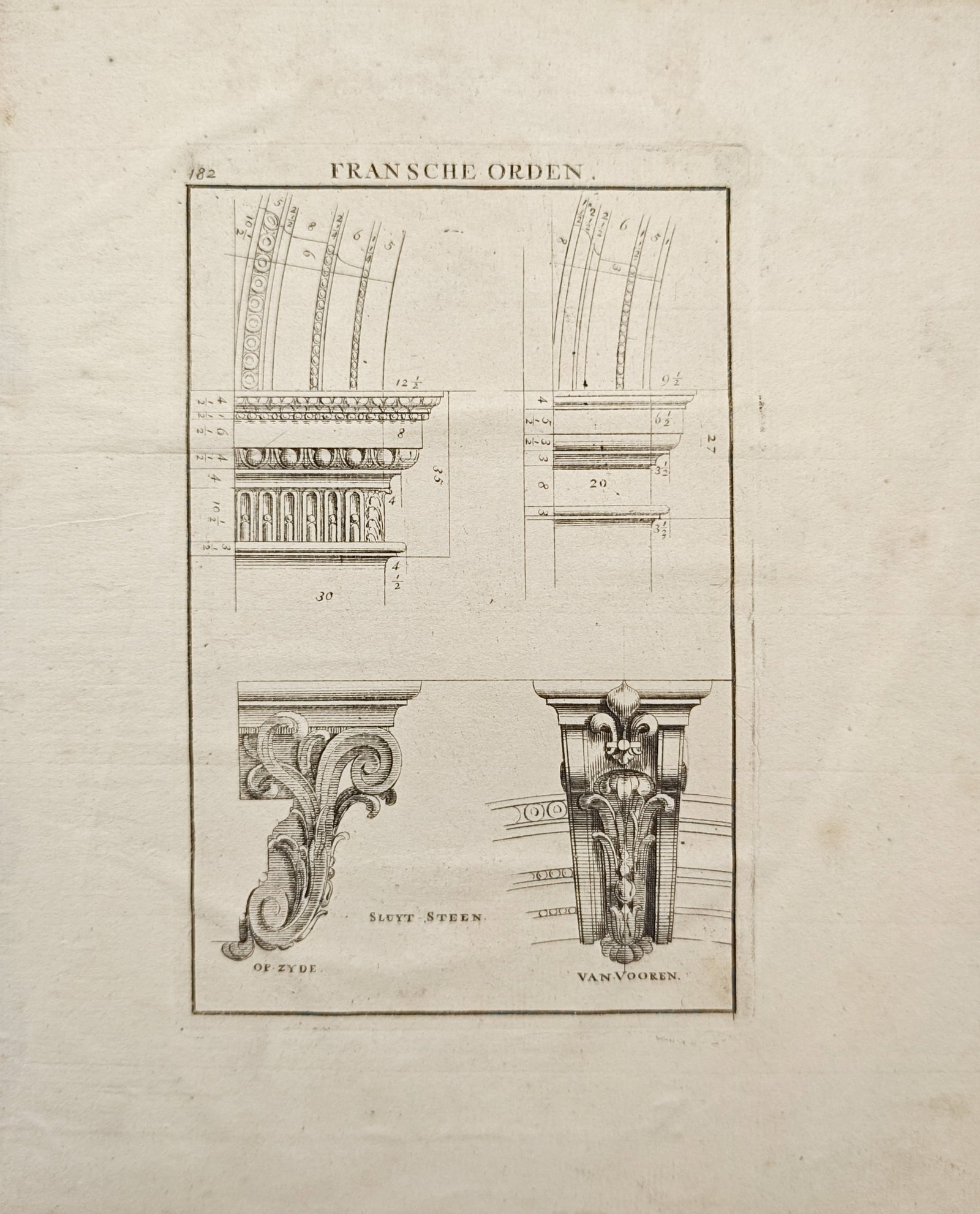 Sébastien Le Clerc – French Order Keystone and Entablature – Engraving (18th Century): "French Order" presents an architectural design study illustrating ornate arch keystones featuring acanthus scrolls and fleur-de-lis motifs alongside detailed profile moldings and entablature dimensio
