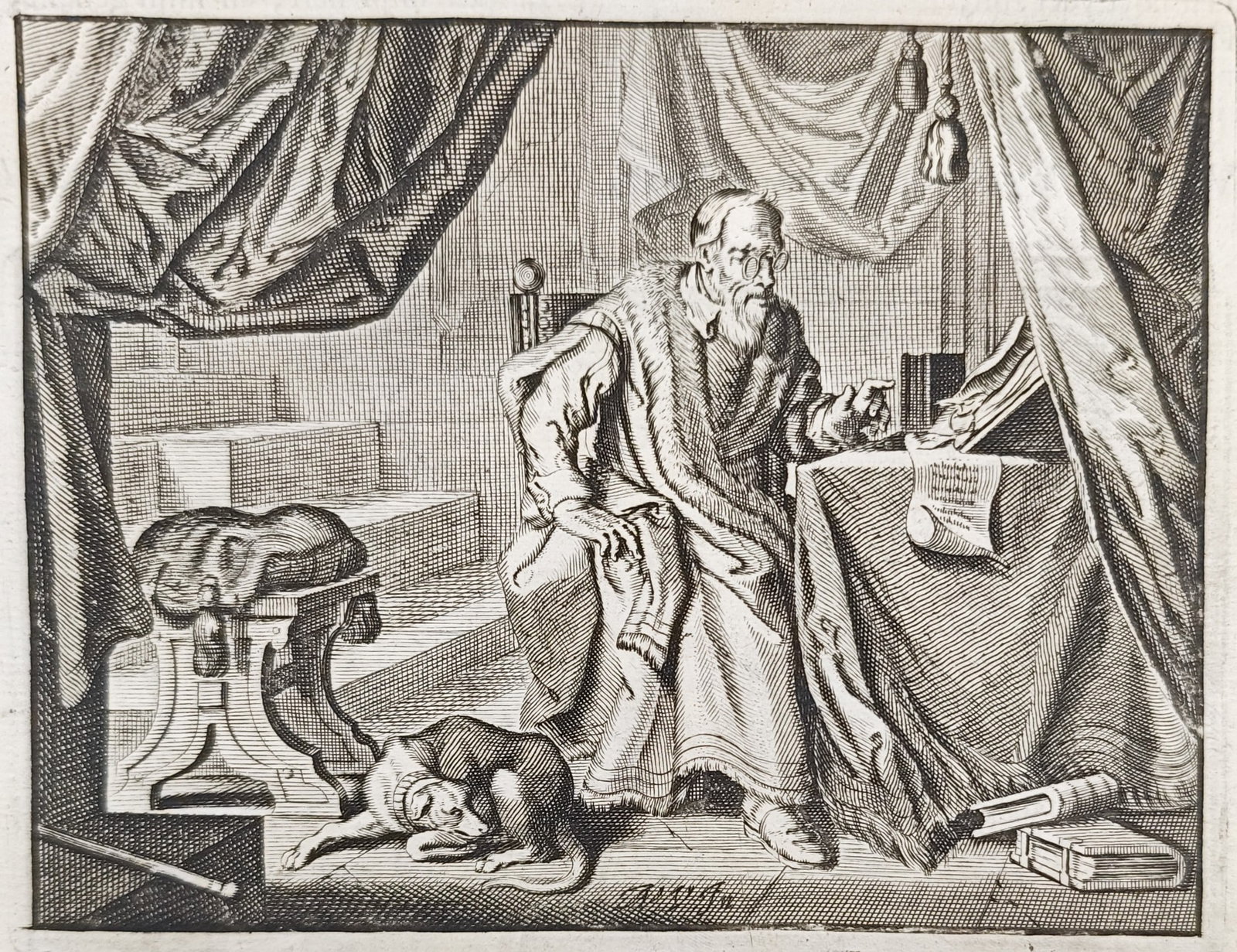 Jacob Cats – Scholar with Spectacles at Study – Engraving (17th Century): "Man with Spectacles" presents an emblematic study illustrating an elderly scholar seated at a drapery-flanked writing table with a sleeping dog at his feet, contemplating mortality and aging through 