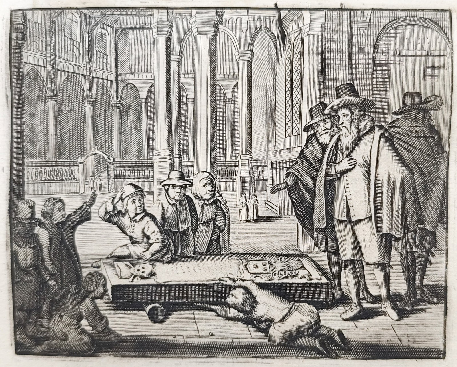 Jacob Cats – Children Playing near a Tombstone in Church – Engraving (17th Century): "Children Seeking Toys Under a Tombstone" presents an emblematic genre scene illustrating children playing around an elevated gravestone within a vaulted church interior, while a group of cloaked elde