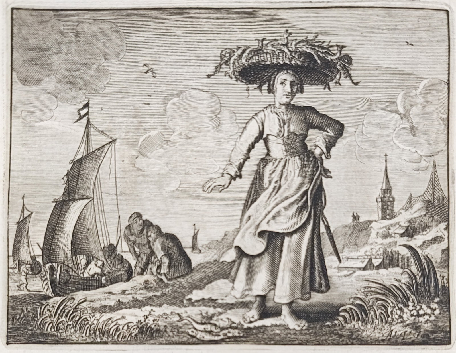 Jacob Cats – Scheveningen Fishwife on the Shore – Engraving (17th Century) (1 of 3)
