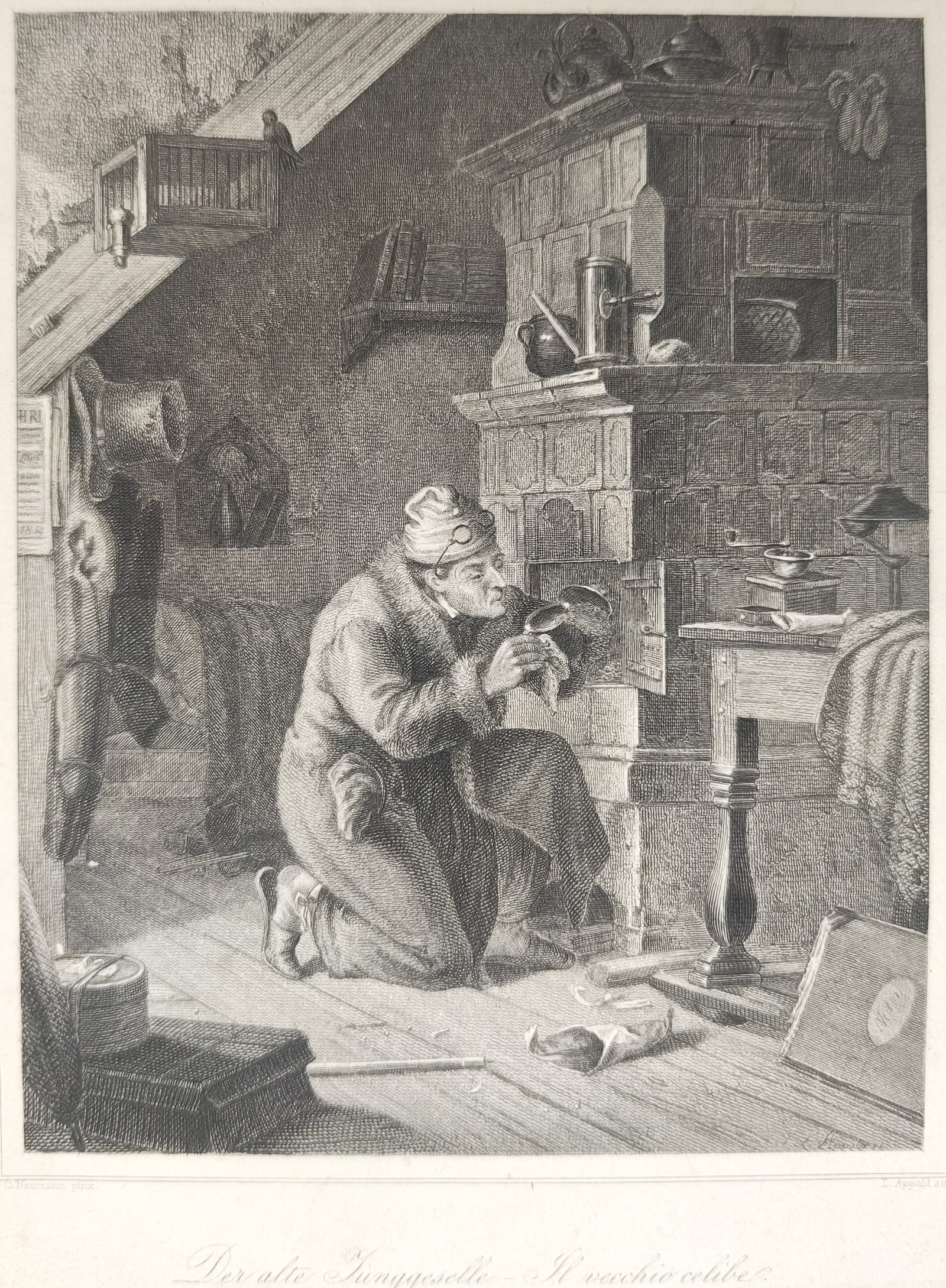 Johann Leonhard Appold – The Old Bachelor – Engraving (19th Century): "The Old Bachelor" (Der alte Junggeselle / Il vecchio celibe) presents a narrative genre scene illustrating an aging bachelor kneeling before a towering ceramic tile stove in a cluttered, cozy attic c