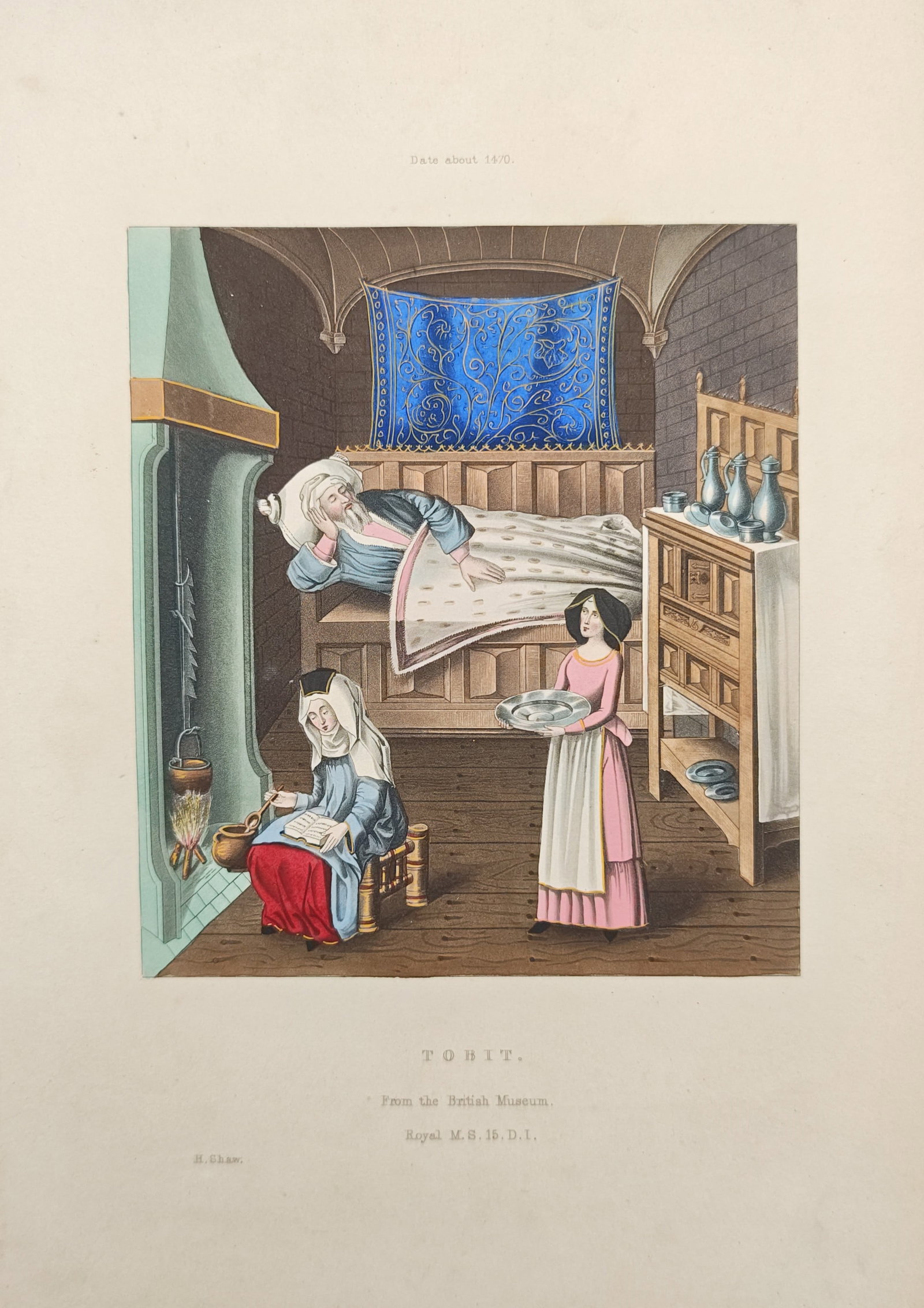 Henry Shaw – Tobit in a Medieval Interior – Hand-Colored Engraving (19th Century) (1 of 2)