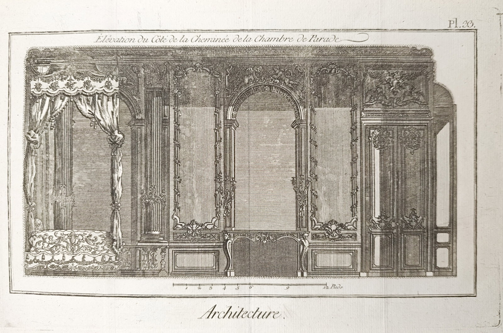 Pierre Contant d'Ivry – Elevation of a State Bedchamber Chimneypiece Wall – Engraving: "Elevation of the Chimneypiece Side of the State Bedchamber" presents an architectural interior elevation illustrating an ornate Rococo ceremonial bedchamber, complete with a lavishly draped state bed