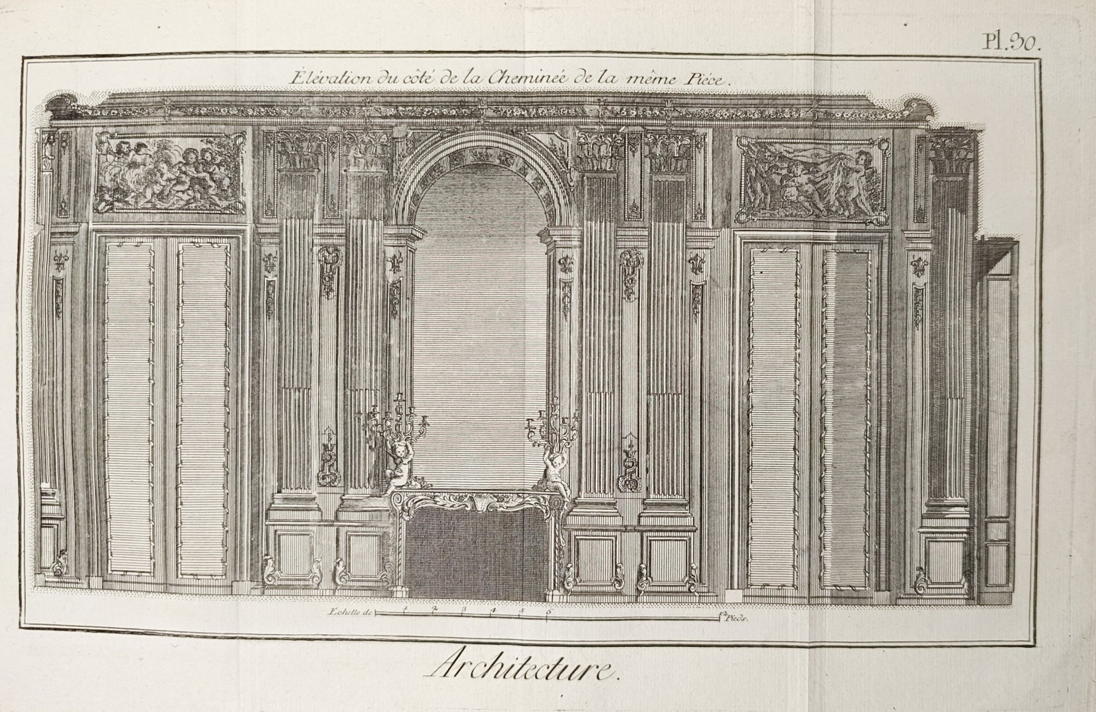 Pierre Contant d'Ivry – Elevation of an Interior Salon Chimneypiece Wall – Engraving (18th: "Elevation of the Chimneypiece Side of the Same Room" presents an architectural interior elevation illustrating a stately classical salon wall featuring an ornate carved mantelpiece, arched central mi