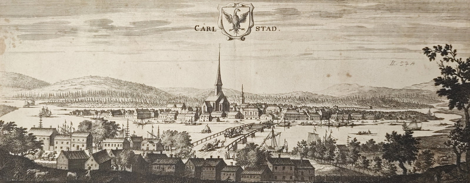 Erik Dahlbergh – Panoramic View of Karlstad – Engraving (17th Century): "Karlstad" presents an expansive topographical panorama illustrating the Swedish city of Karlstad with its prominent church spire, riverways, wooden settlements, and municipal coat of arms set against