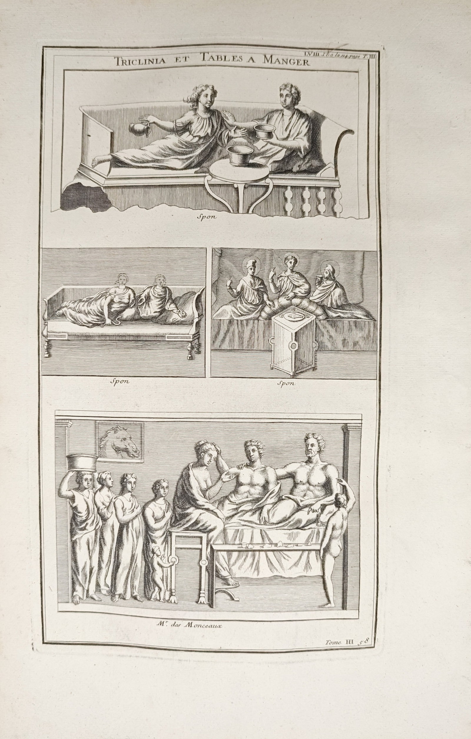 Bernard de Montfaucon – Ancient Roman Dining Couches and Tables (Triclinia) – Engraving: "Triclinia and Dining Tables" presents an antiquarian study illustrating classical Greek and Roman banquet scenes, dining couches, low tables, and attending figures derived from antique monuments. The