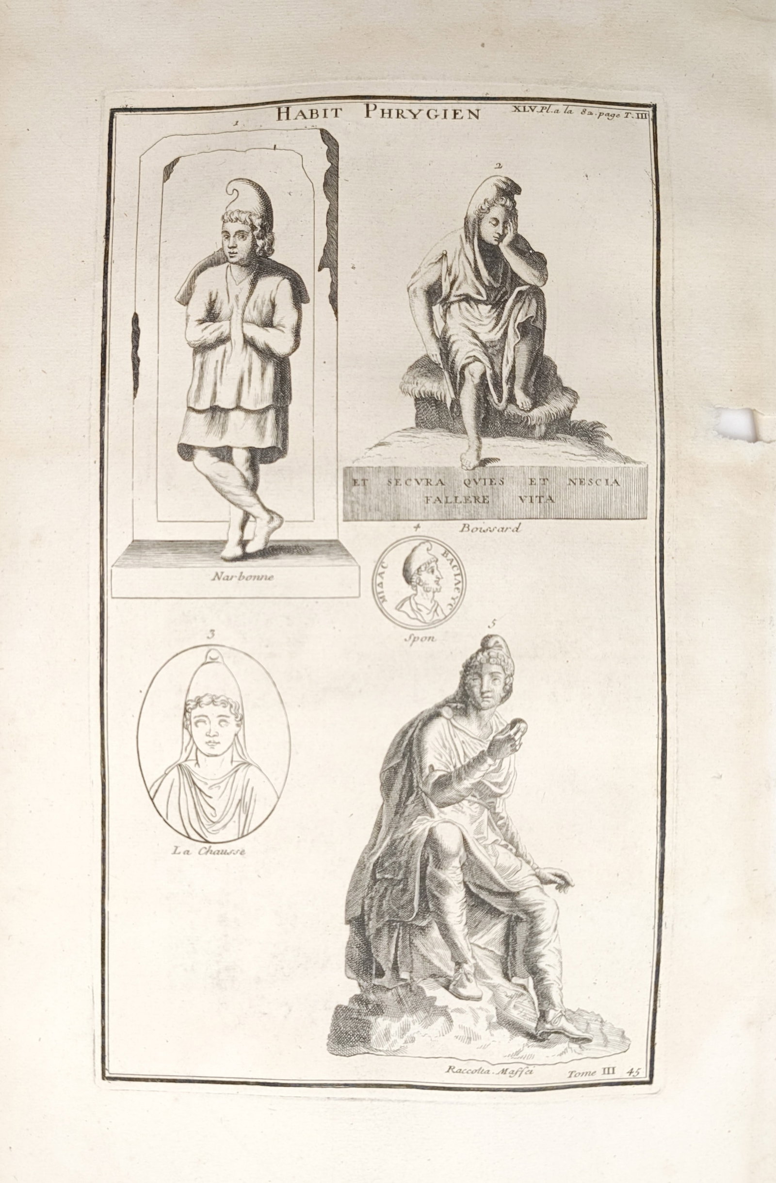 Bernard de Montfaucon – Classical Figures in Phrygian Costume – Engraving (18th Century): "Phrygian Dress" presents an archaeological study illustrating classical statues, relief sculptures, and numismatic portraits depicting figures clad in traditional Phrygian costume and conical caps. T