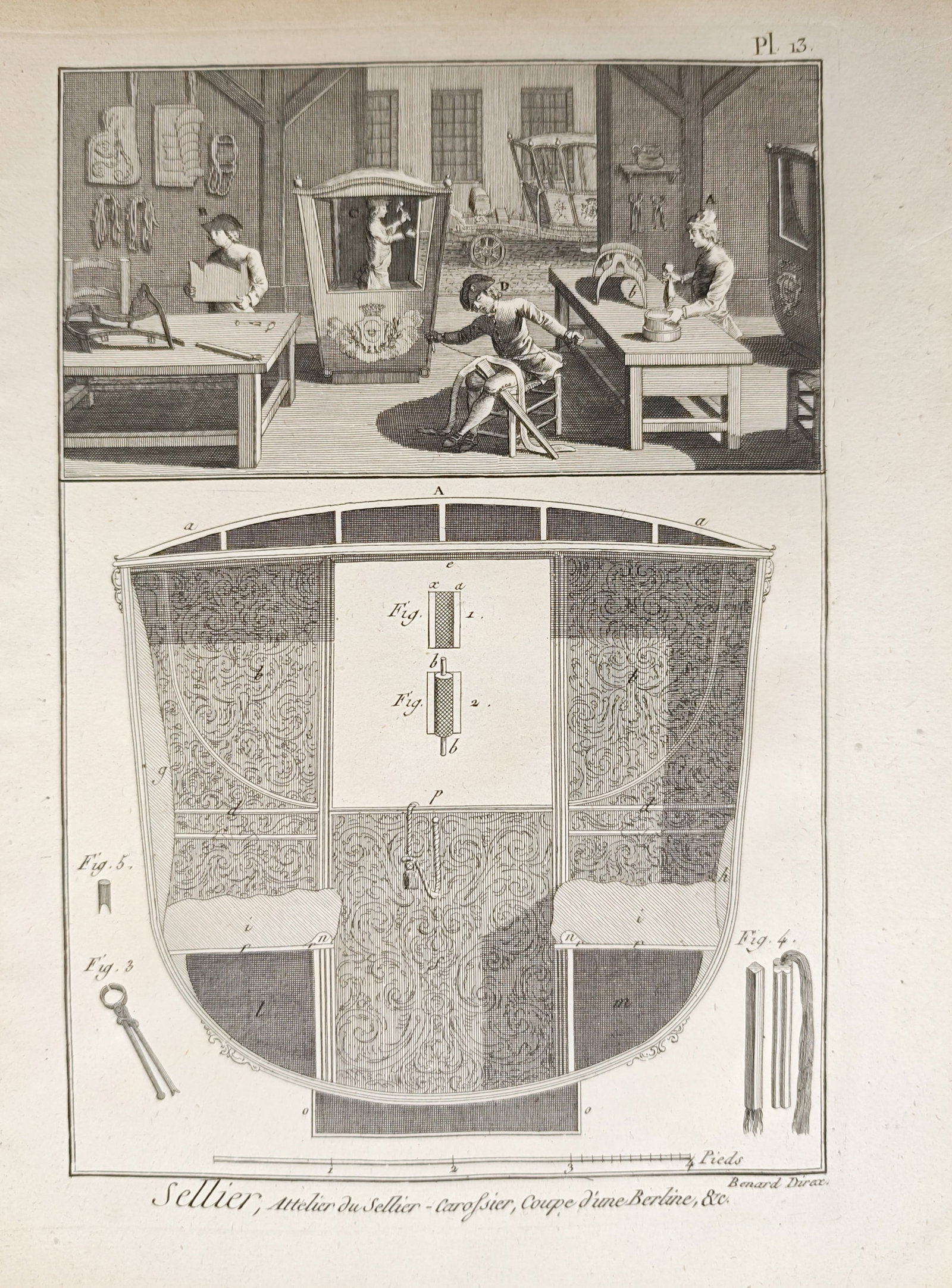 Robert Bénard – Saddler and Coachbuilder, Workshop and Cross-Section of a Berline – Engraving (1 of 2)