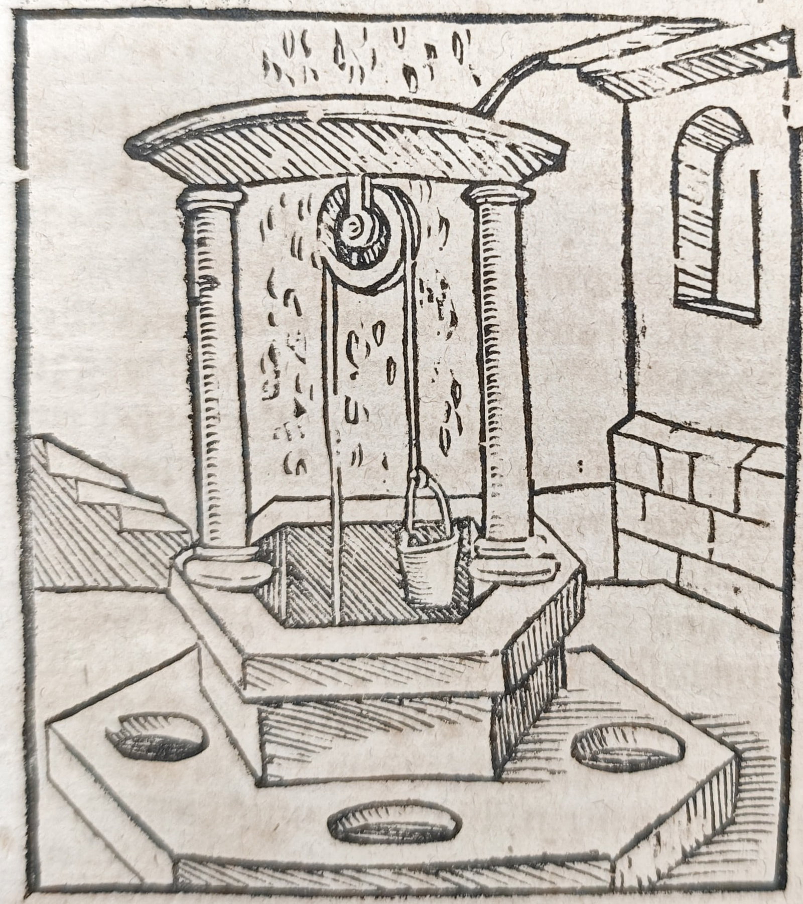 Sebastian Münster – Rainwater Cistern in the Härtsfeld – Woodcut (16th Century): "Rainwater Cistern in the Härtsfeld" illustrates a classical well structure designed for water collection alongside historical descriptive text detailing regional geography and the abbots of Nereshei