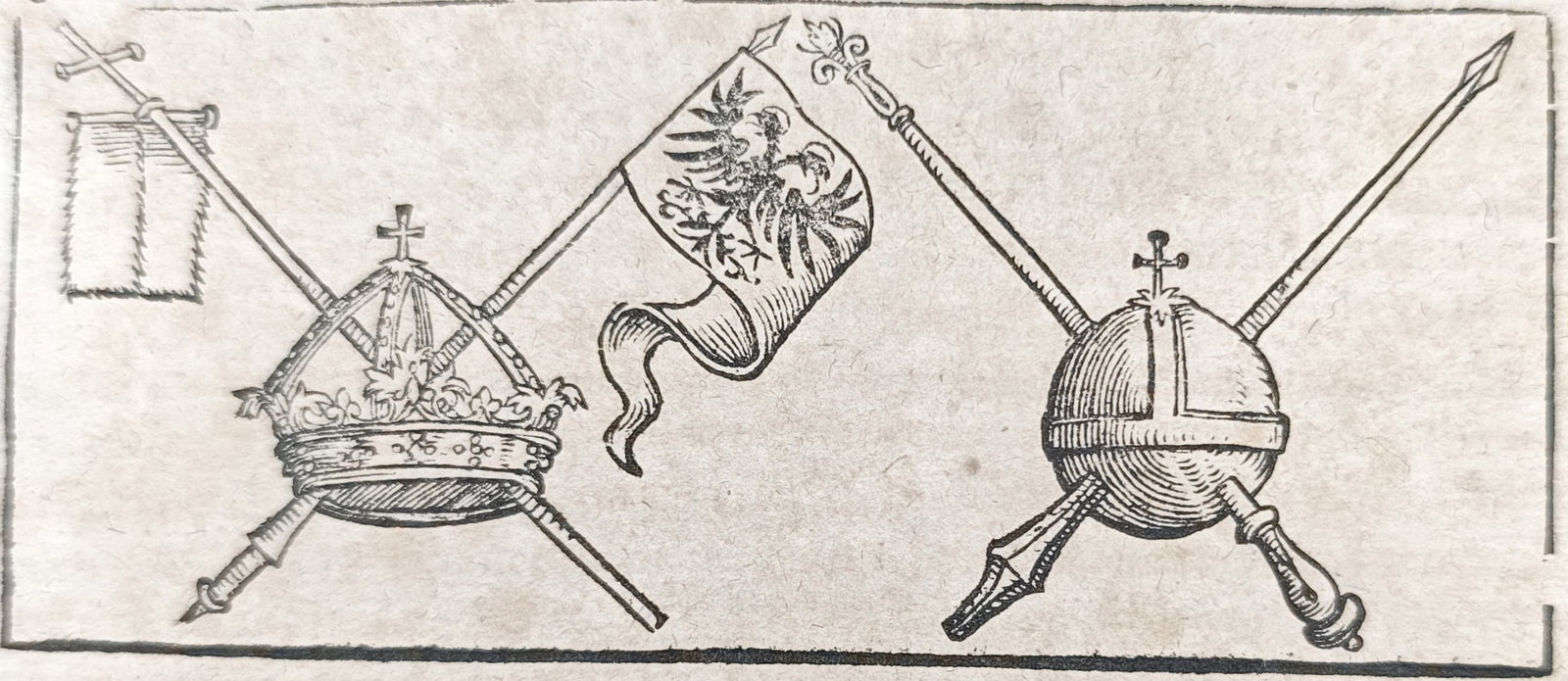 Sebastian Münster – Imperial Regalia of the Holy Roman Empire – Woodcut (16th Century): "Imperial Regalia of the Holy Roman Empire" illustrates the ceremonial imperial crown, globus cruciger, scepter, and battle banners alongside historical text chronicling the reign and abdication of Em