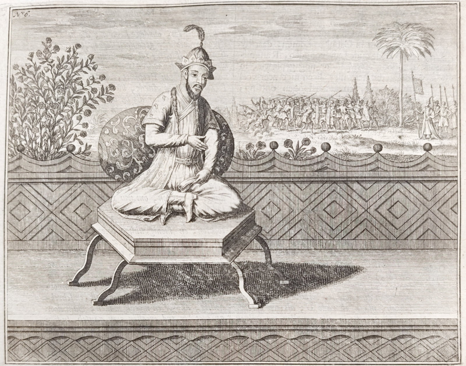 François Valentijn – Sheikh Umar, Sixth Great Mughal – Engraving (18th Century): "Sheikh Umar, Sixth Great Mughal" presents a seated portrait of the Timurid ruler Umar Shaikh Mirza II in traditional garments on an ornamental terrace overlooking armed troops and landscape scenery i