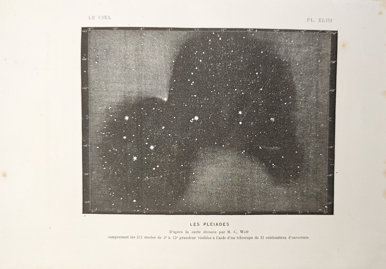Amédée Guillemin – Pleiades Star Cluster Astronomical Study – Wood engraving (19th Century): "The Pleiades" presents an astronomical chart illustrating the dense distribution of telescopic stars and surrounding nebulosity within the open star cluster. Published in the nineteenth century, the 