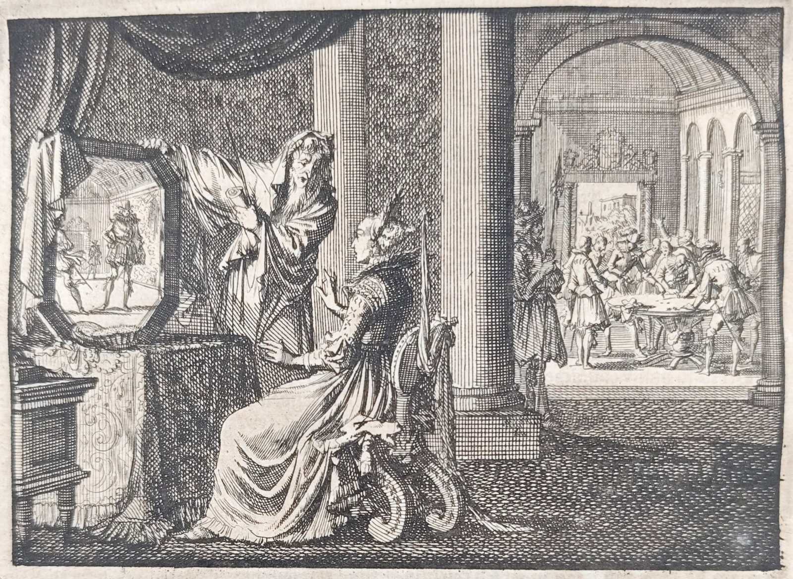 Johann Ludwig Gottfried – The Queen Consulting an Astrologer with the Magic Mirror – Engraving: "The Queen Consulting an Astrologer with the Magic Mirror" illustrates a famous occult historical narrative set in an opulent palace interior, showing a queen consulting a sorcerer who reveals future 