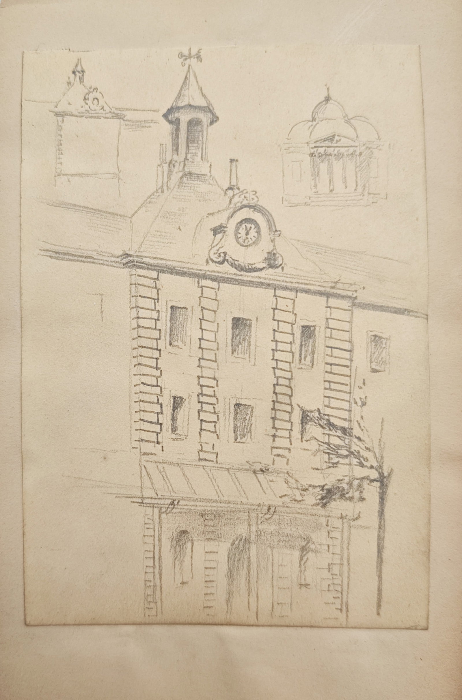 Jan Mankes – Architectural Study of a Clock Tower and Town Hall – Drawing (20th Century) (1 of 2)