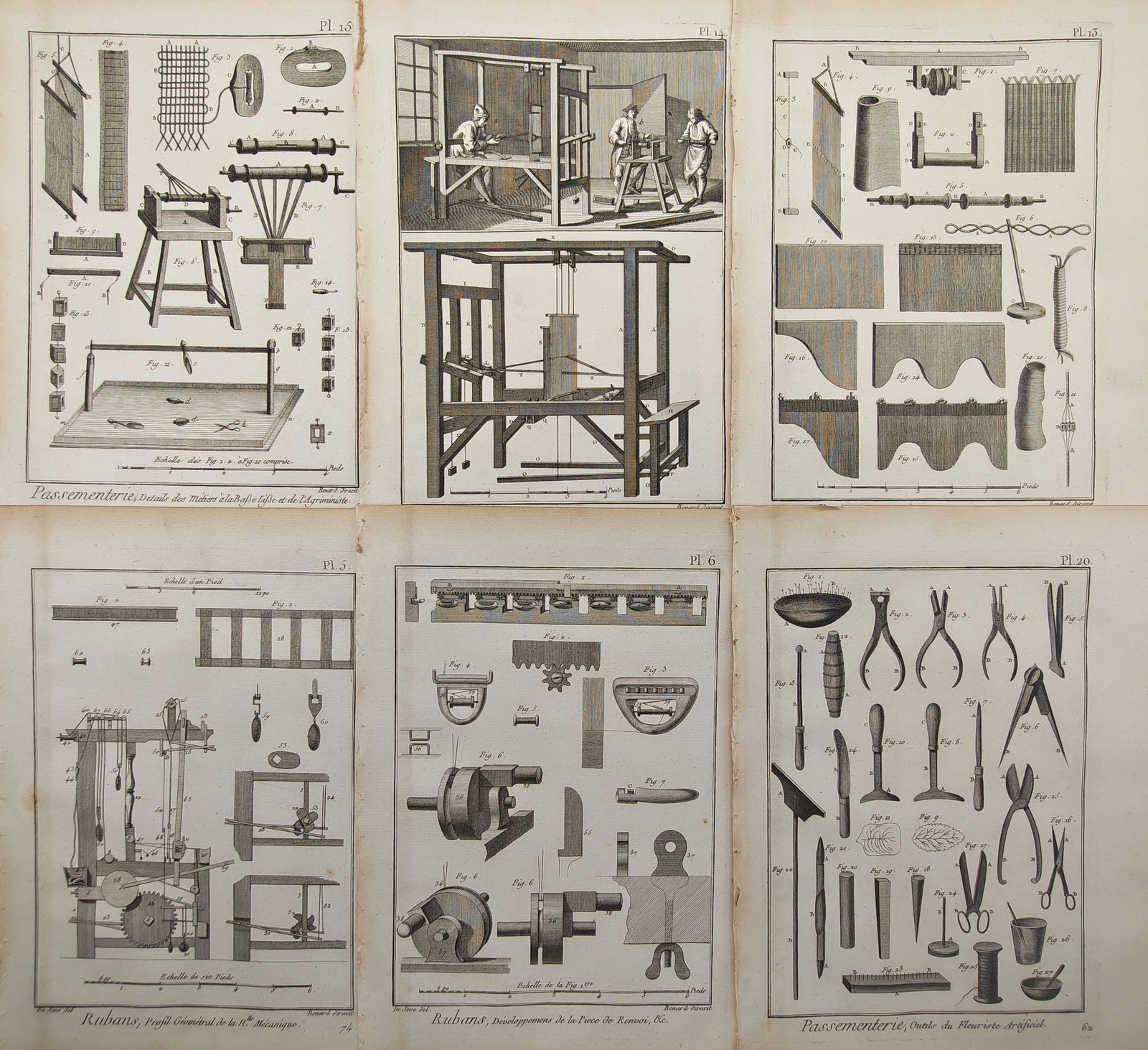 Robert Bénard – Set of 6:Trimmings, Ribbon Weaving, and Artificial Flower Tools Studies: "Passementerie and Ribbon Weaving" presents an eighteenth-century French technical suite illustrating artisanal workshops and mechanical implements for the production of decorative trimmings, ribbons,