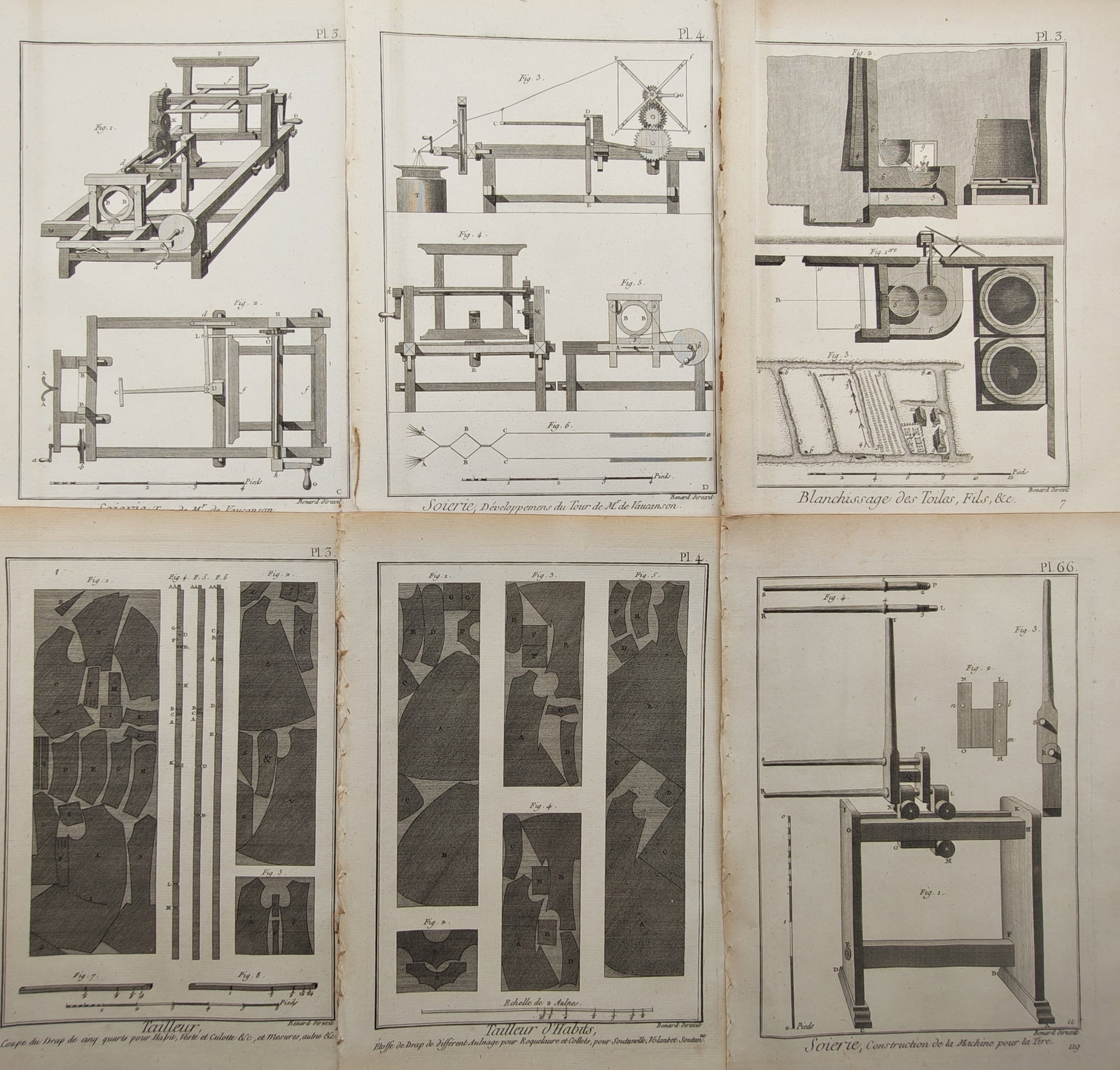 Robert Bénard – Set of 6:Silk Machinery, Linen Bleaching, and Garment Tailoring Pattern Studies (1 of 2)