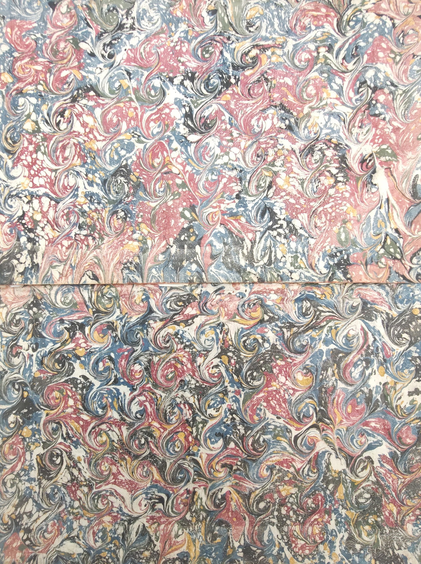 Unknown Artist – Set of 2: French Curl and Nonpareil Pattern Decorative Bookbinding Sheets: "French Curl and Nonpareil Pattern Decorative Bookbinding Sheets" presents a nineteenth-century collection of two decorative marbled paper sheets displaying intricate combed swirl patterns, dynamic sp