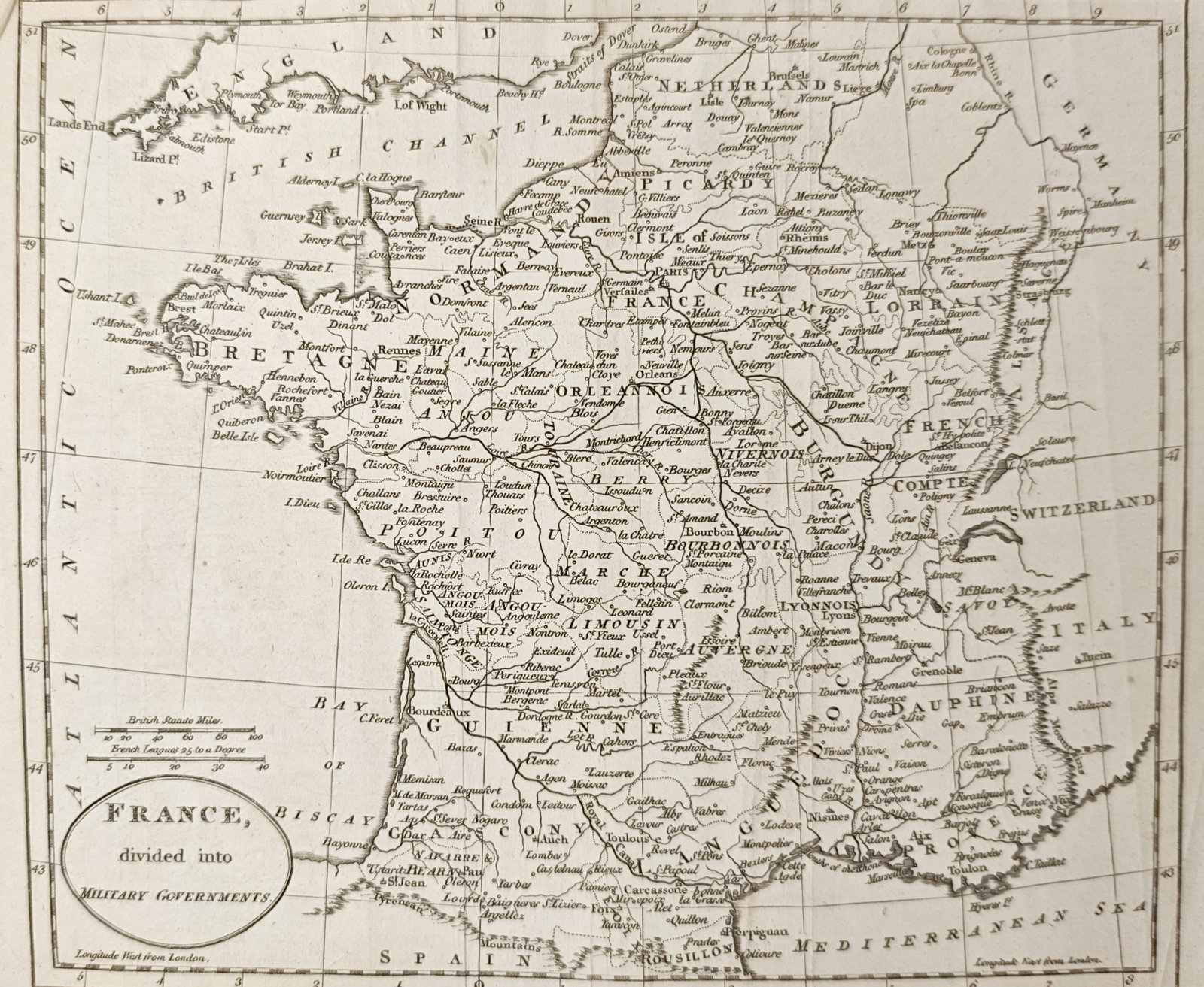 William Guthrie – Map of France Divided into Military Governments – France – Engraving (1790): "France Divided into Military Governments" delineates the Kingdom of France partitioned into its historical military provinces, detailing major cities, navigable rivers, mountain ranges, and adjacent 